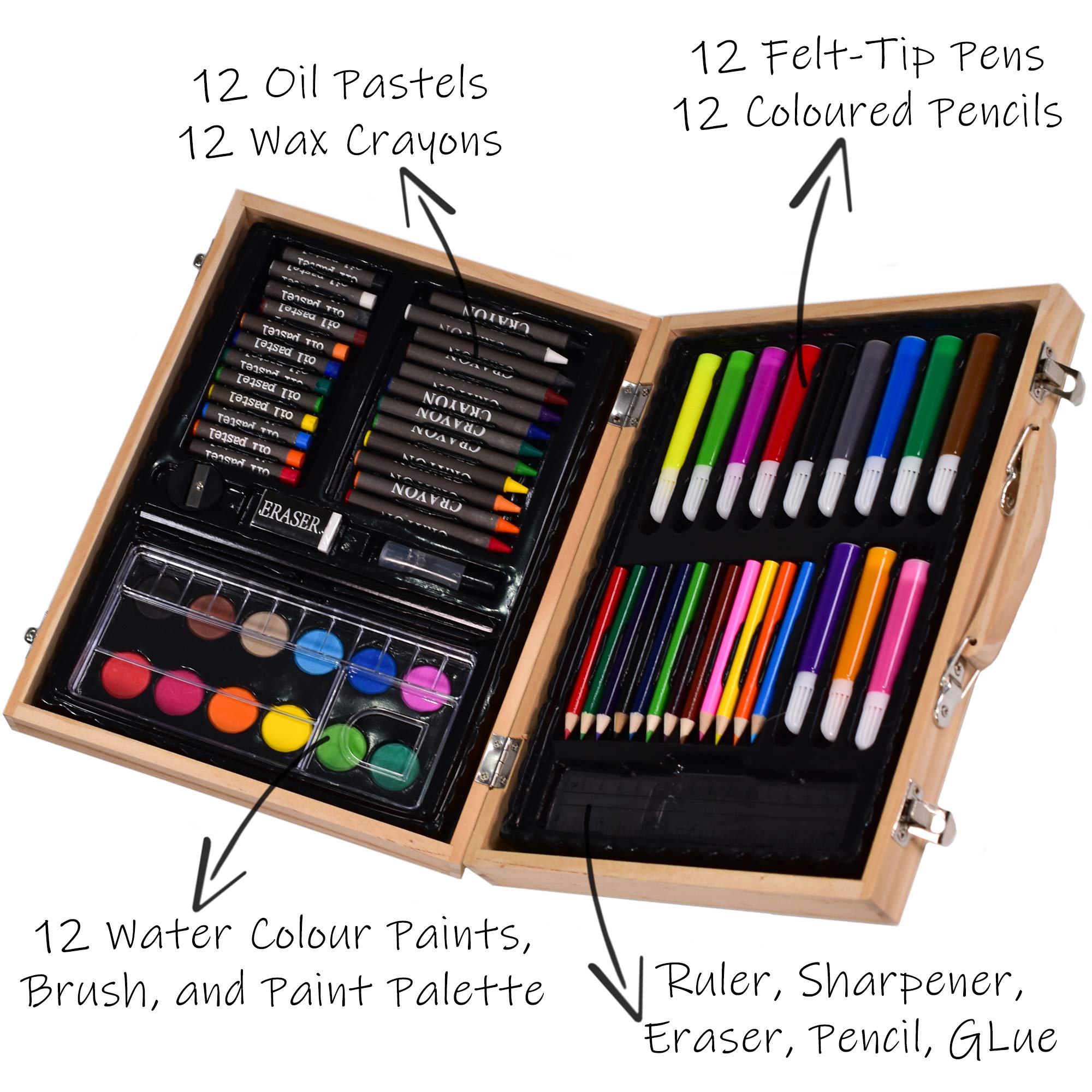 67-Piece Kids Art and Craft Set with Crayons, Paints, Pens & Pencils in Wooden Storage Box - Perfect for School Projects, Birthday Gifts & Creative Play