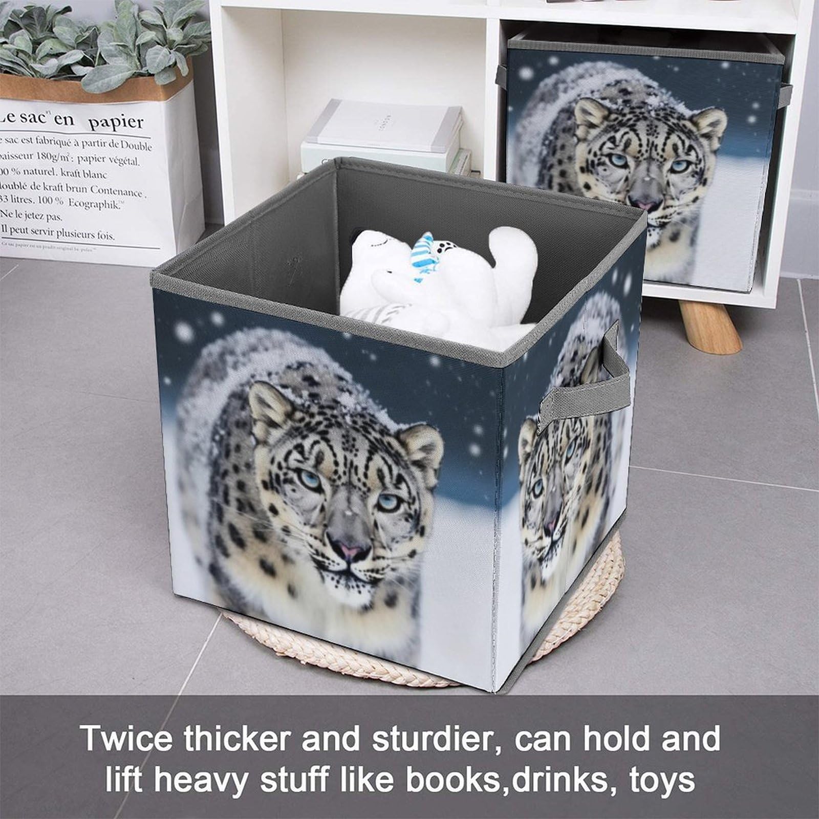 Foldable Blue Eyed Snow Leopard Storage Cubes with Handles - Closet Organizer Bins for Clothes, Cabinet & Shelf Organization | Perfect for Bedroom, Nursery & Dorm Storage Solutions