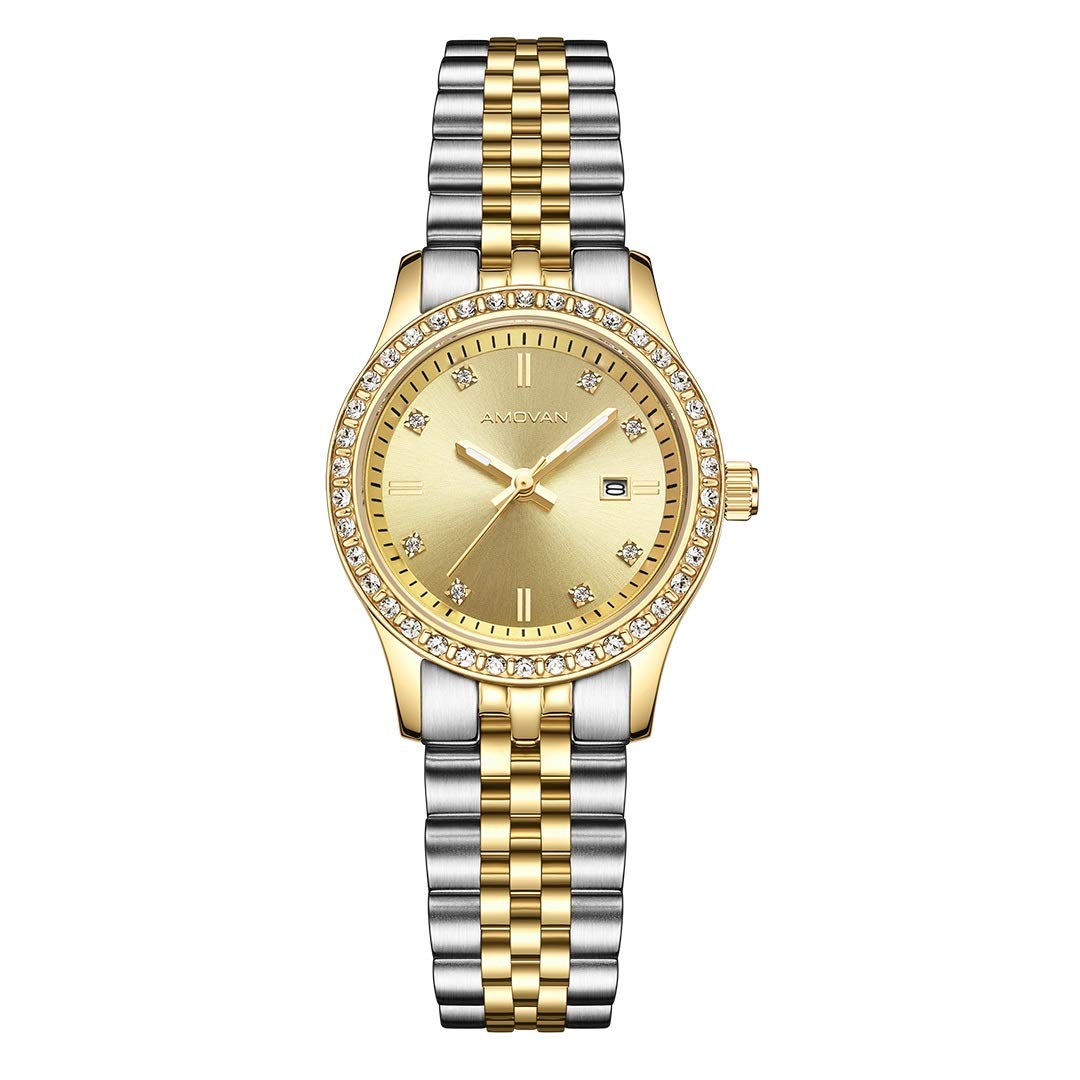 AMOVAN Luxury Women's Watch - Stainless Steel Two-Tone Bracelet with Austrian Crystals, Elegant Dress Watch for Women | Perfect for Office, Parties & Special Occasions
