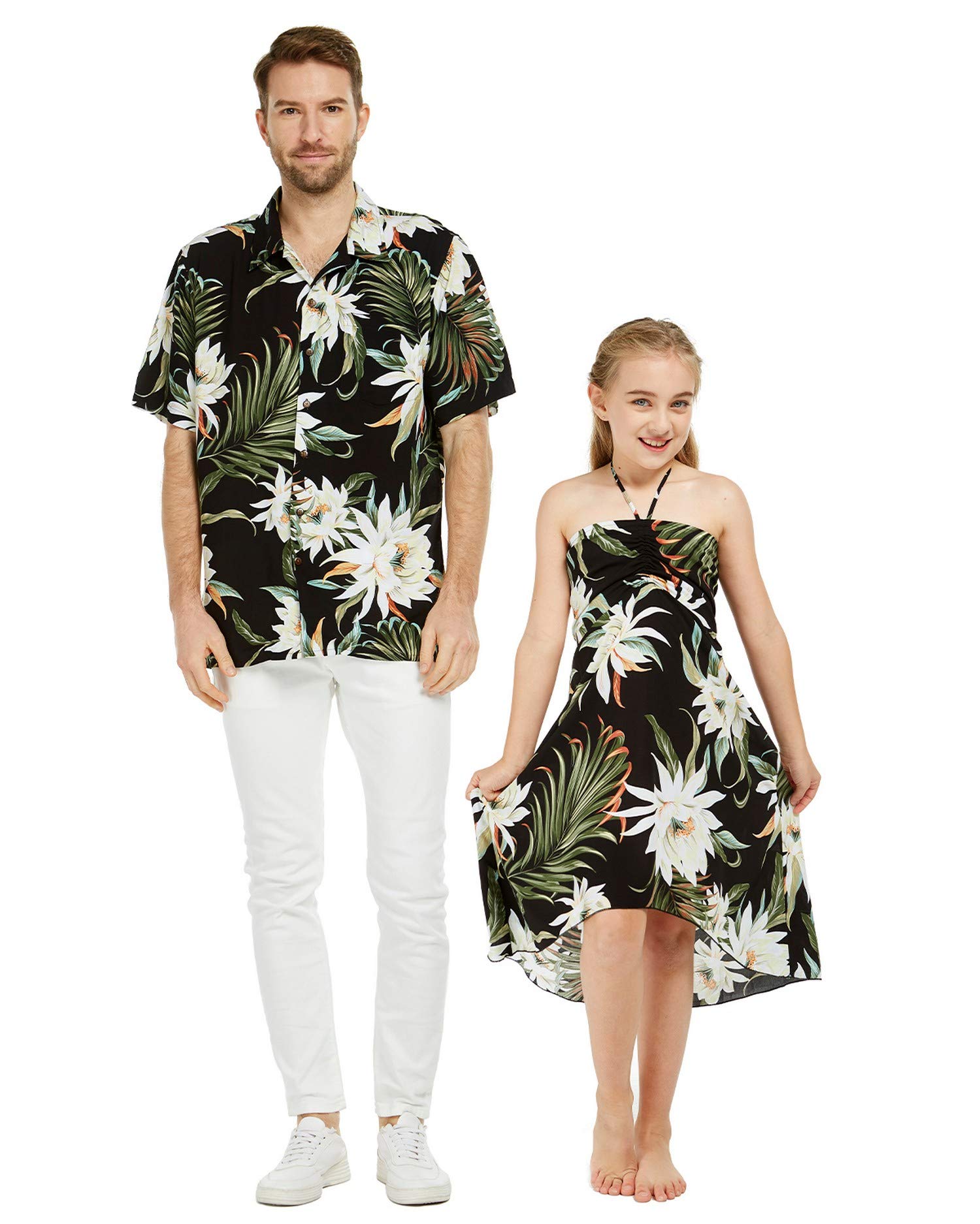**Matching Father Daughter Hawaiian Luau Cruise Outfit – Tropical Hibiscus Print Shirt & Dress Set in Blue – Perfect for Family Vacations, Beach Parties, and Cruise Wear**