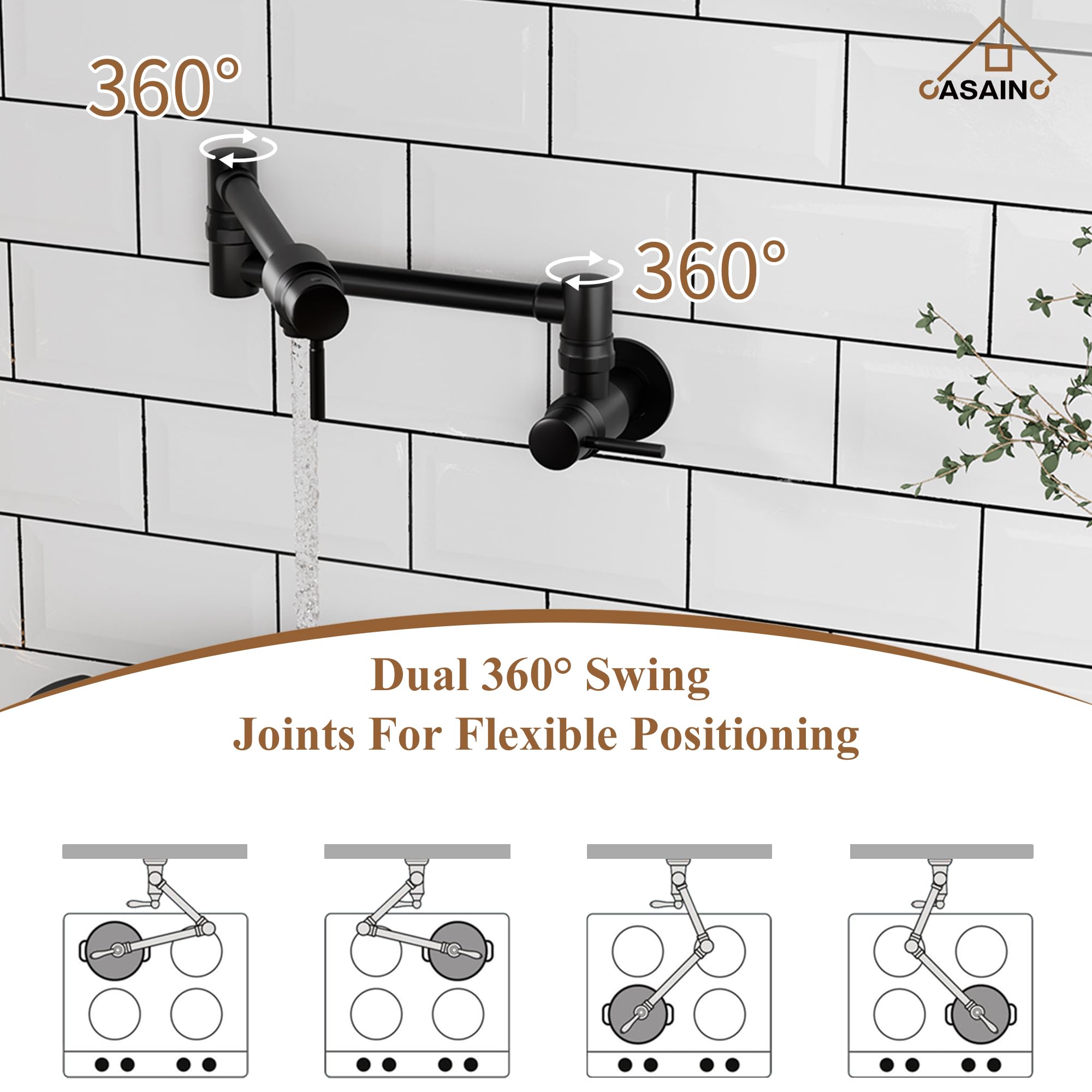 **Premium Matte Black Commercial Wall Mount Pot Filler Faucet - Brass Swing Arm Stove Faucet for Kitchen, Double Joint Folding Design - Ideal for Cooking, Filling Large Pots & Professional Chef Kitchens**
