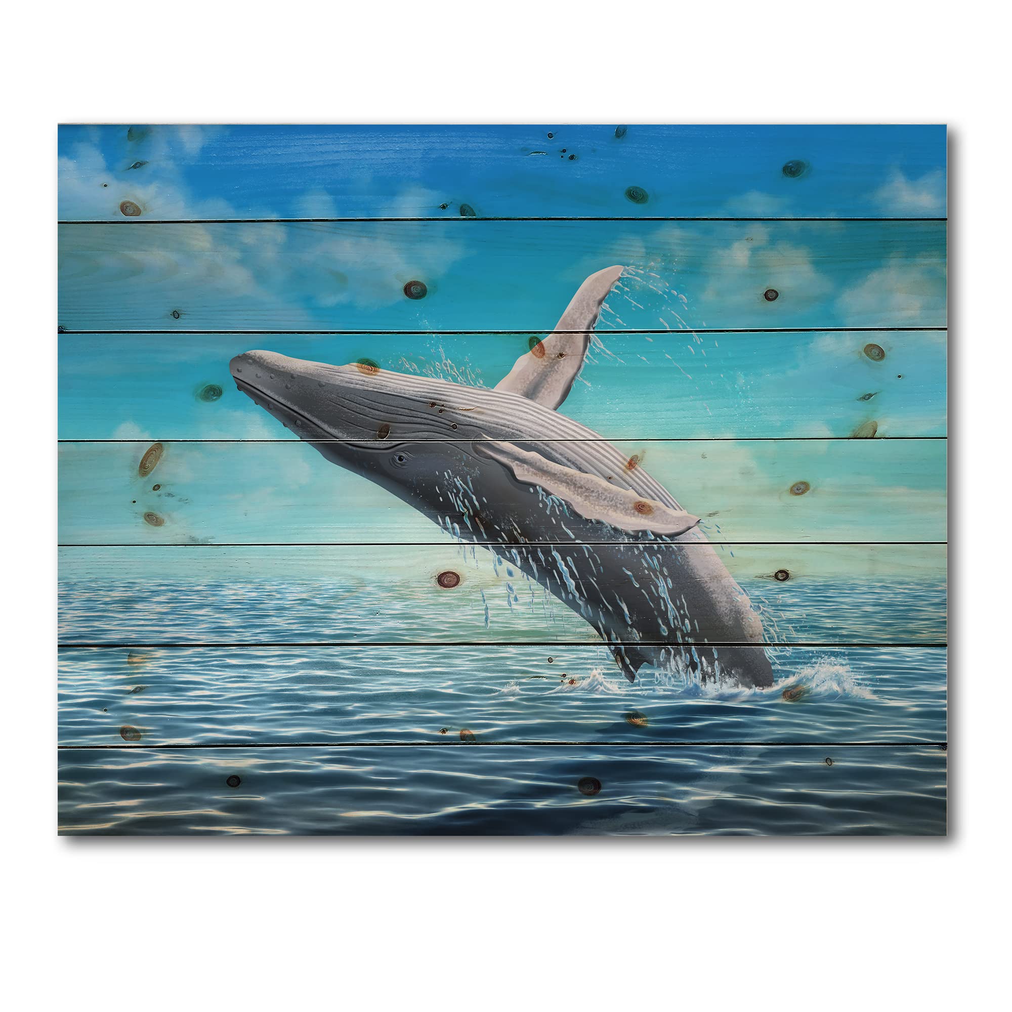 DesignQ Humpback Whale Jumping Wood Wall Art - Handcrafted Farmhouse Decor, Blue Ocean Themed Wooden Panel, Large Animal Print on Natural Pine Wood - Perfect for Living Room, Bedroom & Coastal Home Decor