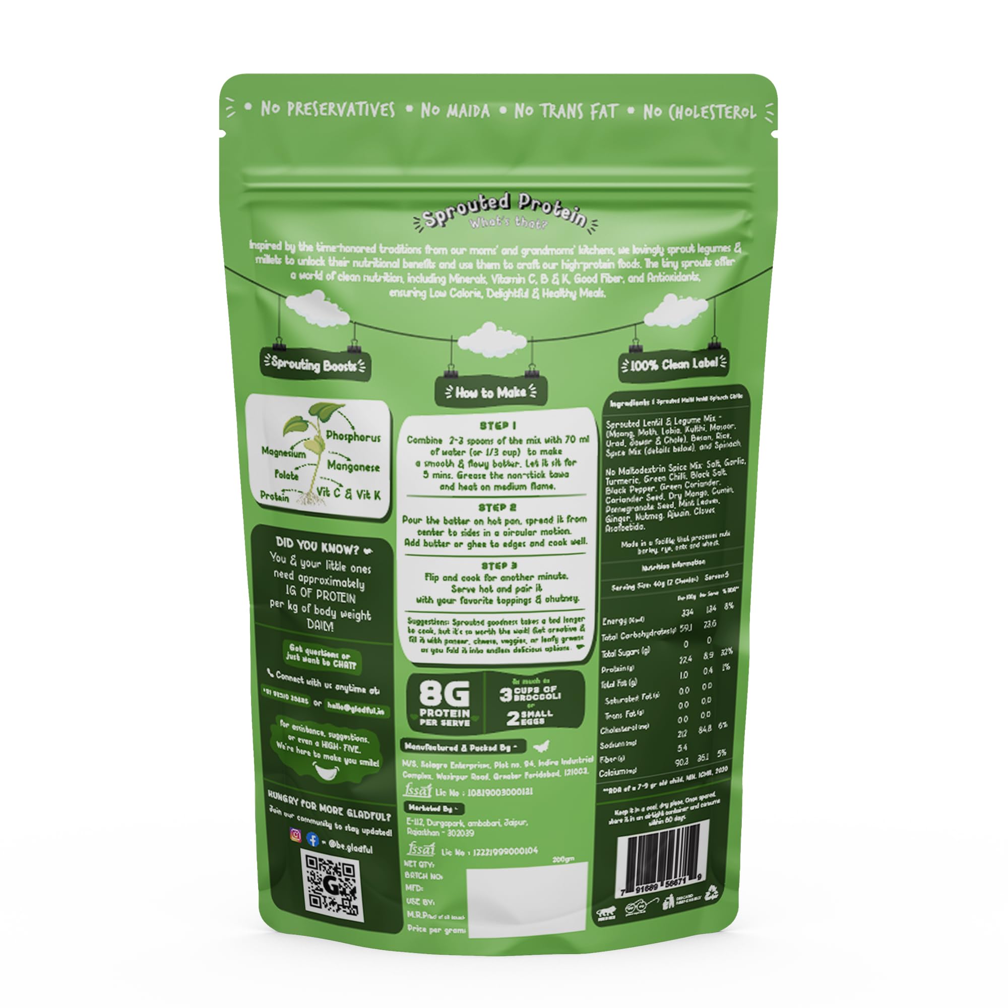 Gladful Sprouted Protein Spinach Instant Chilla Mix - Gluten Free, High Protein & Fiber Rich Healthy Food - 200g (Pack of 1) - Perfect for Breakfast, Vegan Diet & Weight Loss