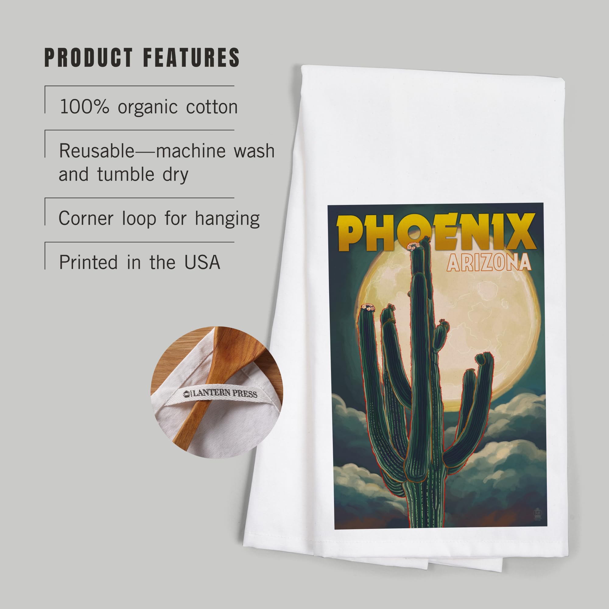 Lantern Press Phoenix Arizona Cactus and Full Moon Cotton Tea Towel - Decorative Hand Towel for Kitchen, Home Decor, Housewarming Gift - Perfect for Drying Dishes, Decorating, and Gifting