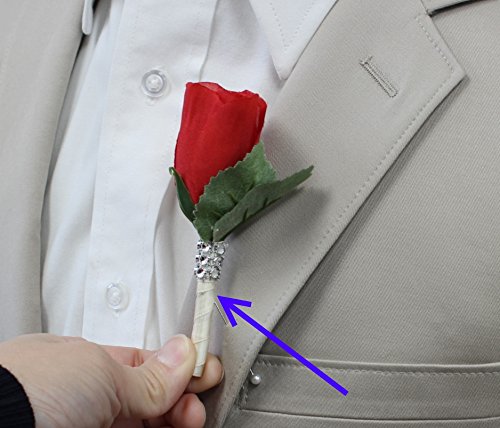 Handmade Rosebud Boutonniere Artificial Flower - Pearl Headed Pin Included (Red) - Perfect for Weddings, Prom, Anniversaries & Special Occasions
