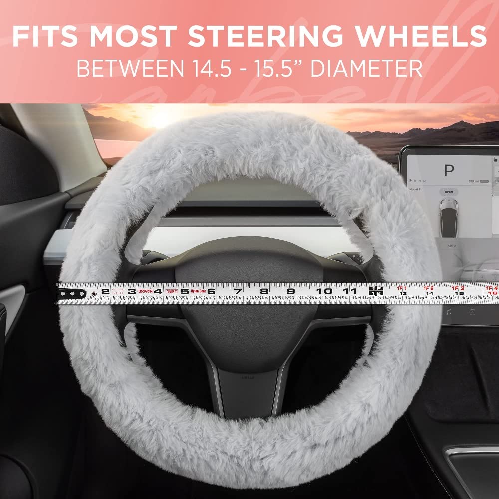 Gray Fuzzy Steering Wheel Cover - Standard 15 Inch Universal Fit for Most Cars, Soft Fluffy Faux Fur Car Steering Wheel Protector - Comfortable & Stylish Car Accessories for Women | Perfect for Winter Driving & Daily Commute