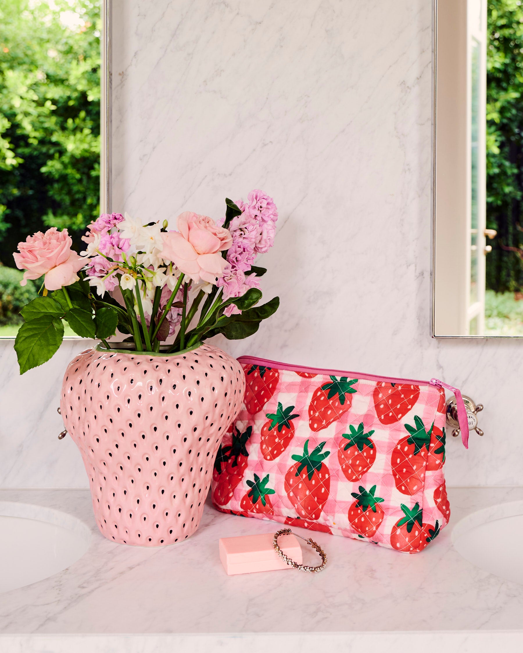 Premium Strawberry Jam Print Quilted Cotton Toiletry Bag - Travel Cosmetic Organizer for Women, Perfect for Vacation, Gym & Daily Essentials Storage
