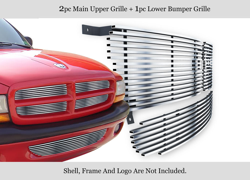 Polished Stainless Steel Billet Grille Set for 1997-2004 Dodge Dakota & Durango - Upper & Lower Grilles - Enhances Front End Style for Trucks & SUVs