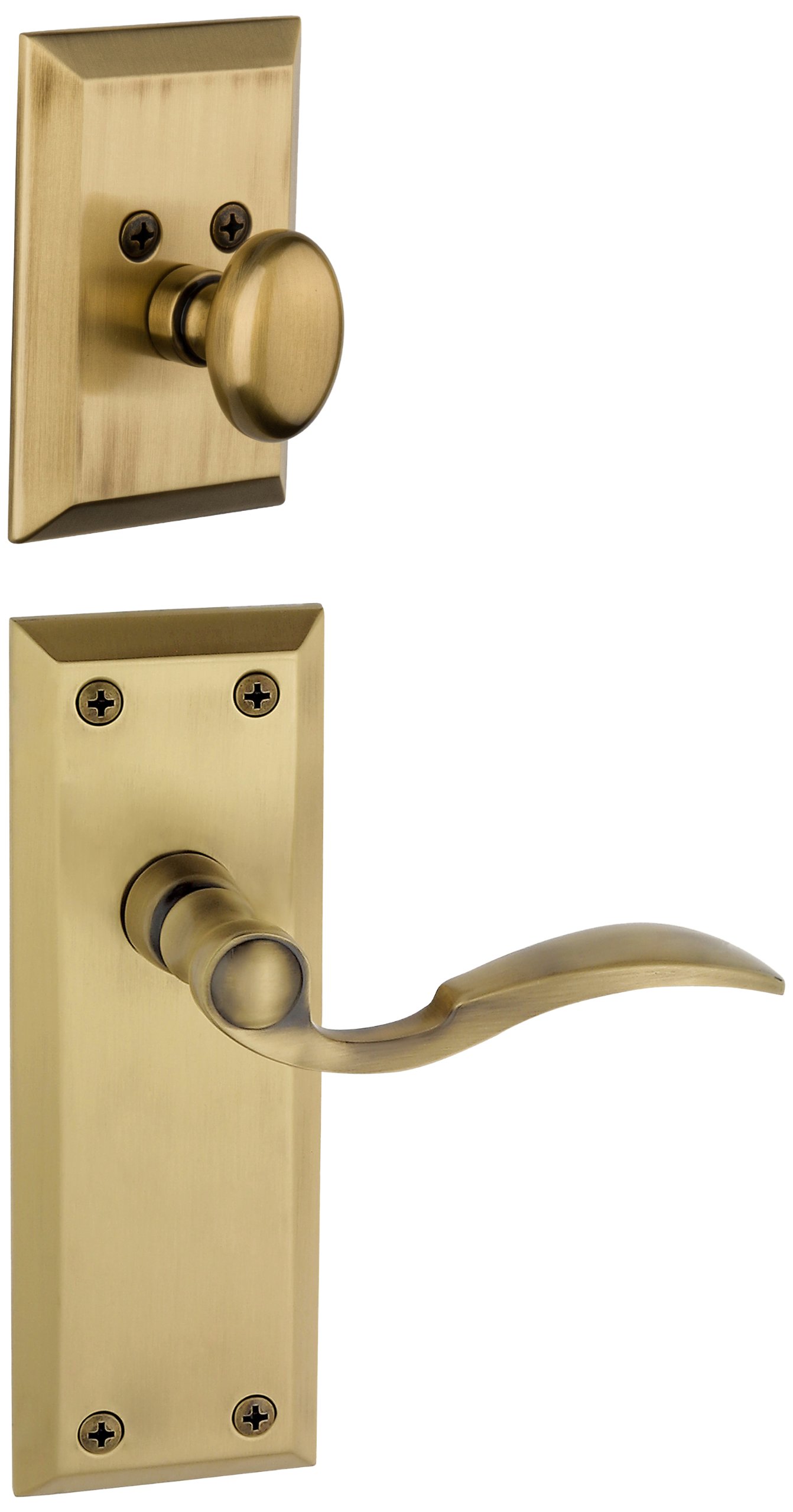 Grandeur Fifth Avenue Door Plate with Bellagio Lever & Matching Deadbolt - Single Cylinder Combo Set in Vintage Brass | Perfect for Victorian Homes, Bedroom Doors & Office Entryways