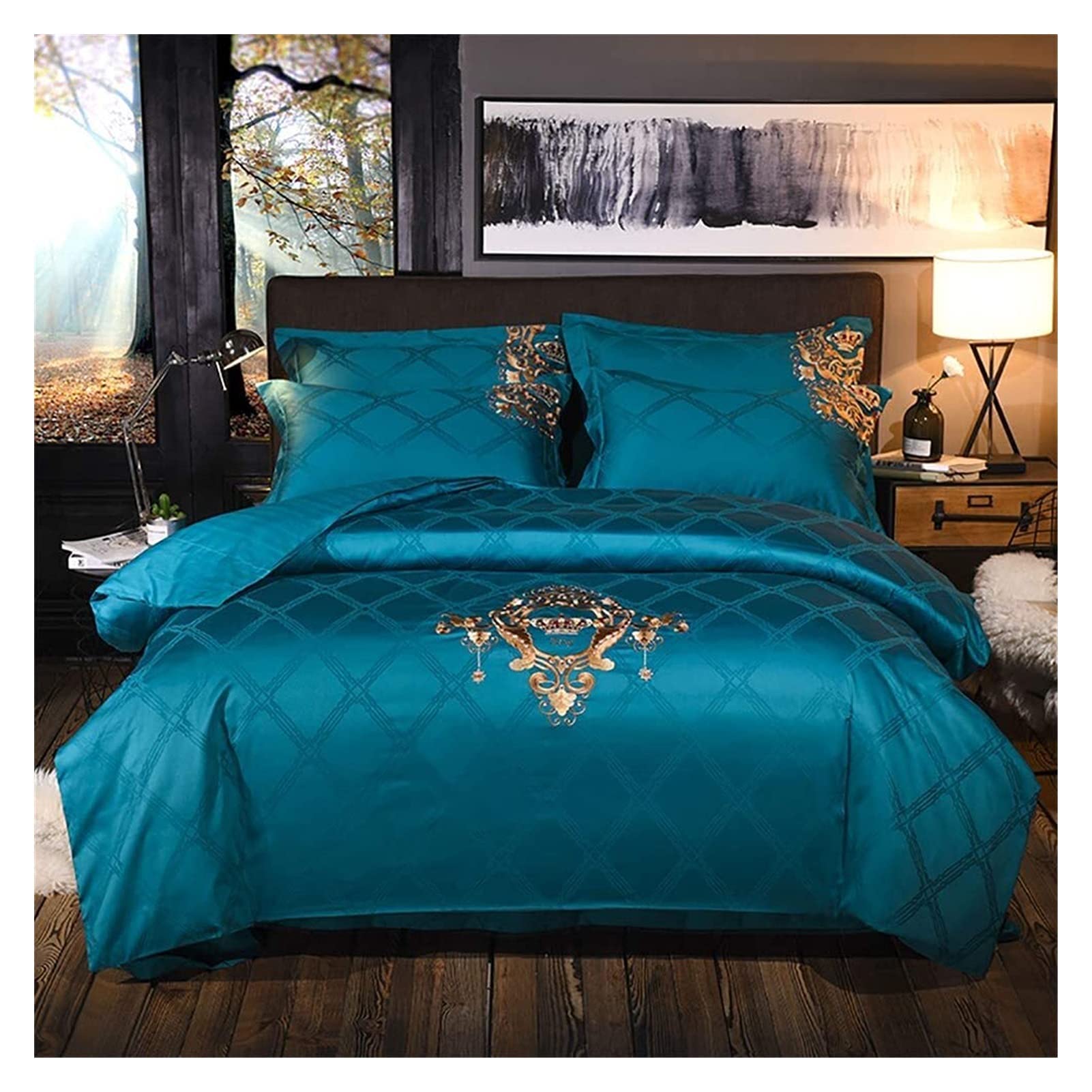 Premium King Size Embroidery Satin Bedding Set - 100% Cotton Duvet Cover & Quilt Set 220×240cm - Breathable Cooling Bed Sheets for All Seasons - Easy Fit Full/Queen Size (Color A) - Perfect for Master Bedroom, Guest Room & Luxury Hotels