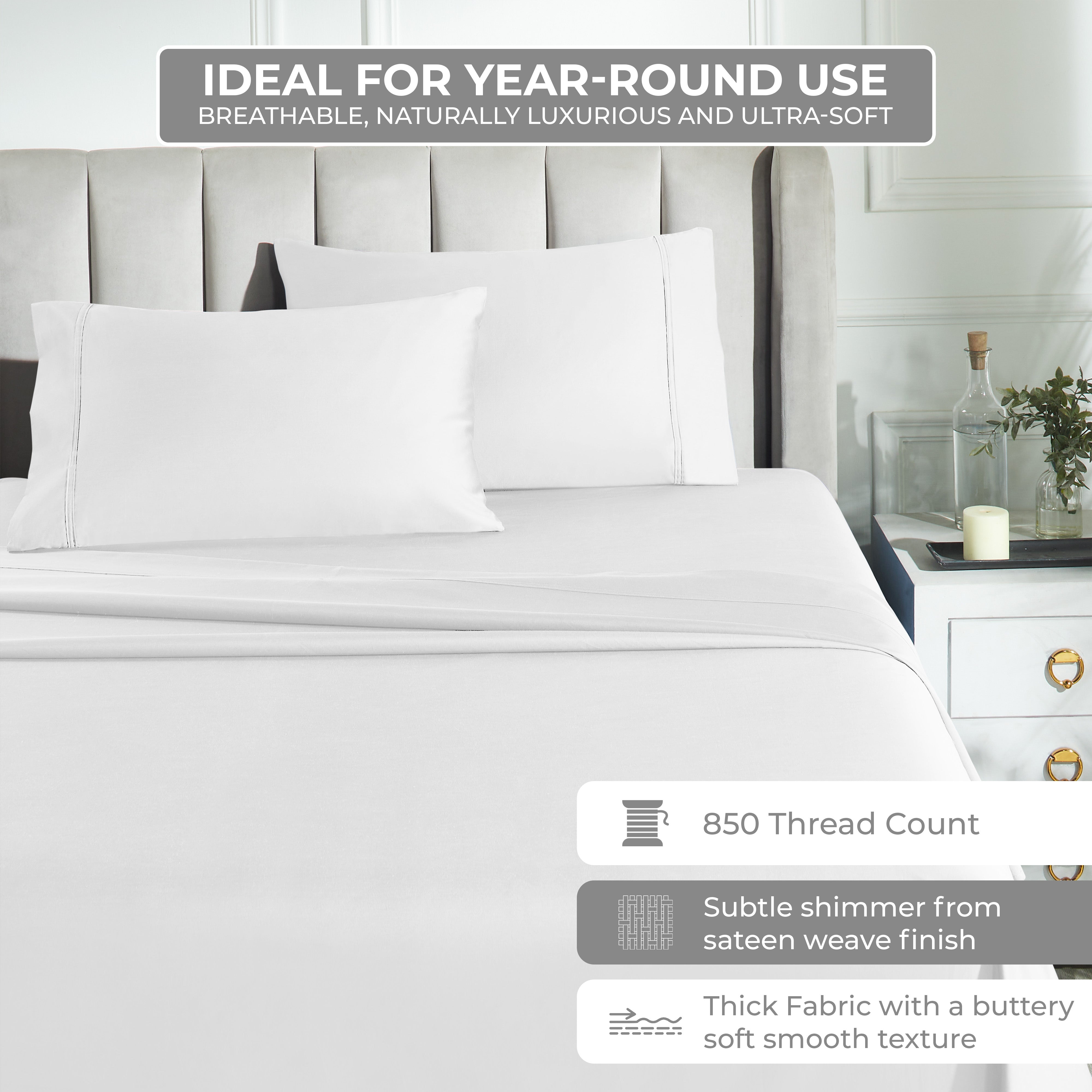 Premium 850 Thread Count 100% Cotton Solid Color Bed Sheet Set - Ultra Soft & Breathable for Comfortable Sleep - Perfect for Master Bedroom, Guest Room & Luxury Hotels