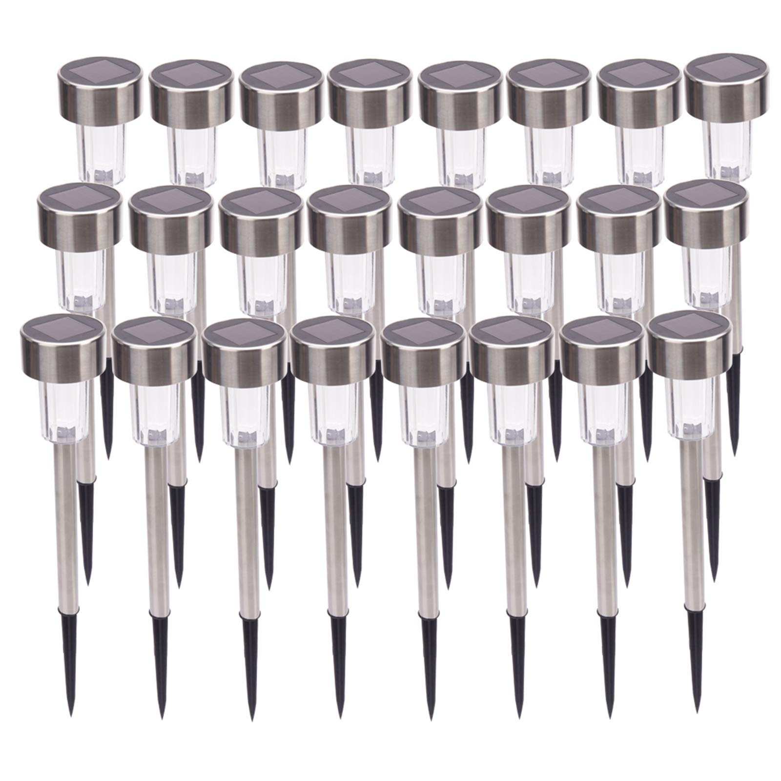 24-Pack Stainless Steel Solar Lights Outdoor Waterproof LED - Solar Powered Garden Pathway Lights for Patio, Yard, Lawn, Driveway & Walkway (White & Silver) - Weatherproof & Dusk to Dawn Lighting for Home & Landscape Decor