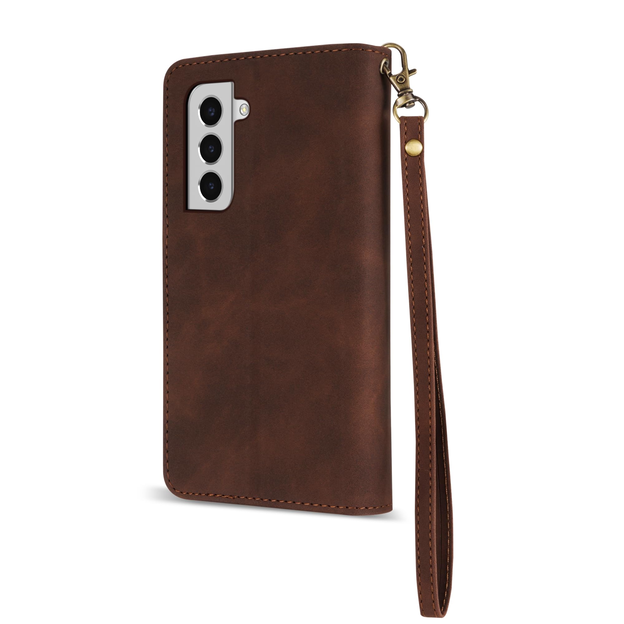 Premium Soft PU Leather Zipper Flip Wallet Case for Samsung Galaxy S22 Plus (6.6 Inch) with Card Slot, Wrist Strap & Kickstand - Coffee | Protective Cover for Daily Use, Travel & Business Meetings