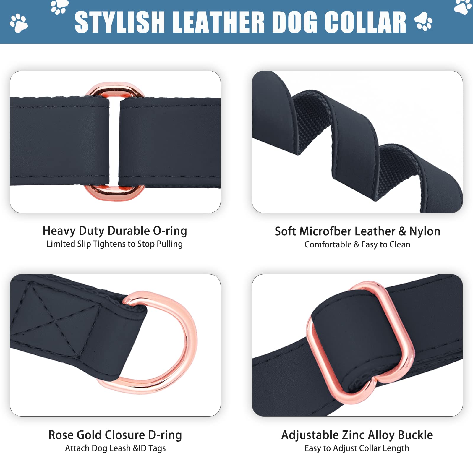 Premium Soft Leather Martingale Dog Collar - Adjustable Rose Gold Slip Collar for Training | Durable No-Pull Nylon Design for Small, Medium & Large Dogs | Easy to Clean & Stylish | Perfect for Daily Walks, Training Sessions & Outdoor Adventures (Black)