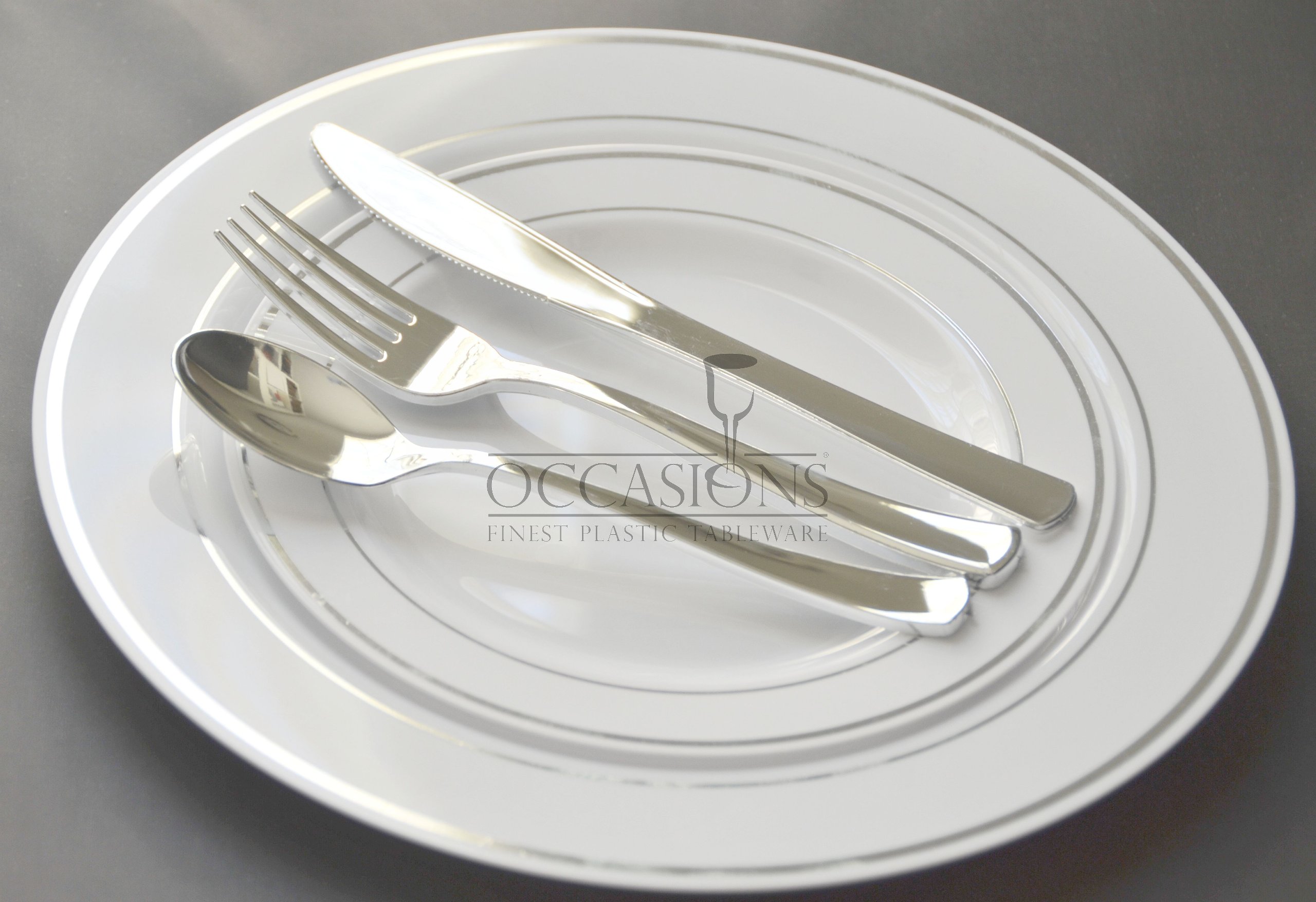 Disposable Plastic Plates and Silverware Combo for Weddings & Parties - 9'', 7.5'', 6'' Sizes (120 Count, White with Silver Rim) - Perfect for Birthday Celebrations, Baby Showers & Special Events