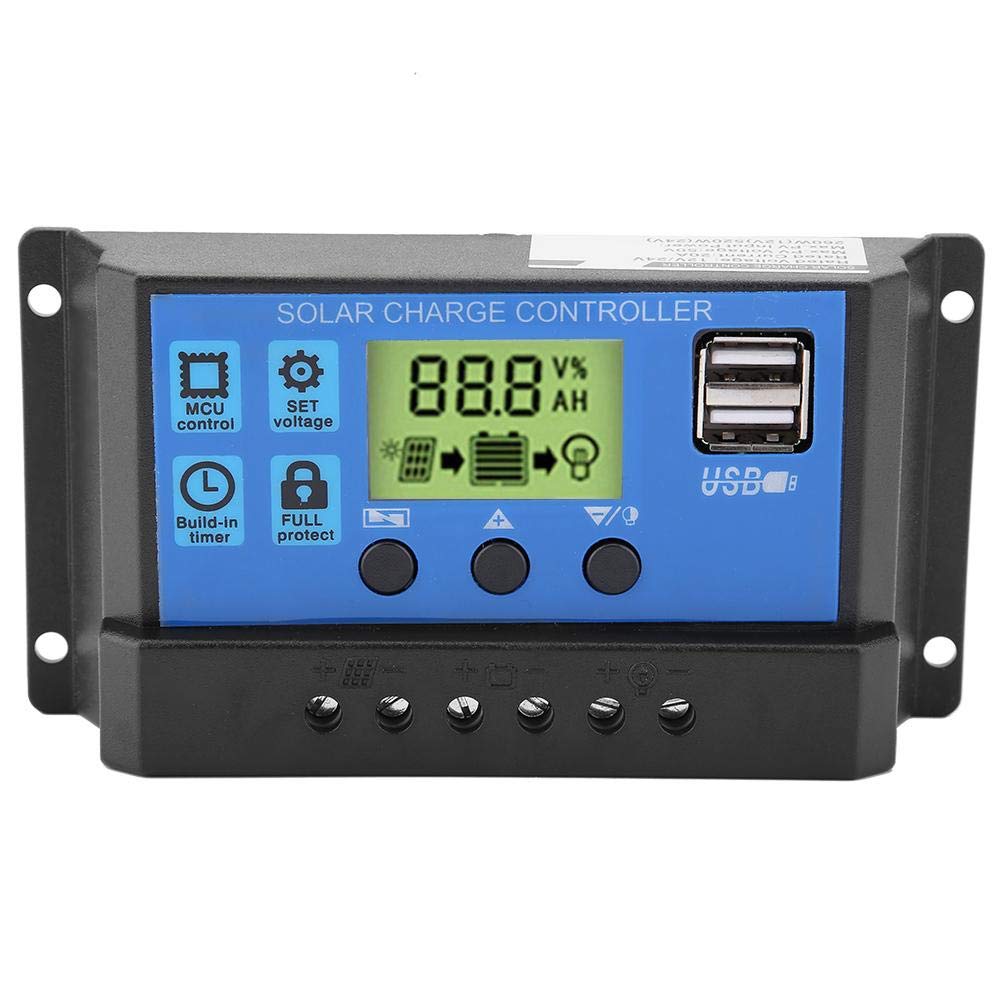 12V 24V PWM Solar Charge Controller with LCD Display - Adjustable Dual USB Ports, Timer Settings for Solar Panel Battery Charging | Perfect for RV, Boat & Off-Grid Power Systems (YJSS-10A)