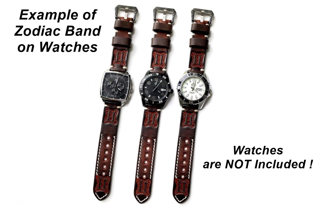 Gemini Zodiac Genuine Leather Watch Band & Necklace Set - 22mm Brown Tooled Embossed Crafted Strap with 25