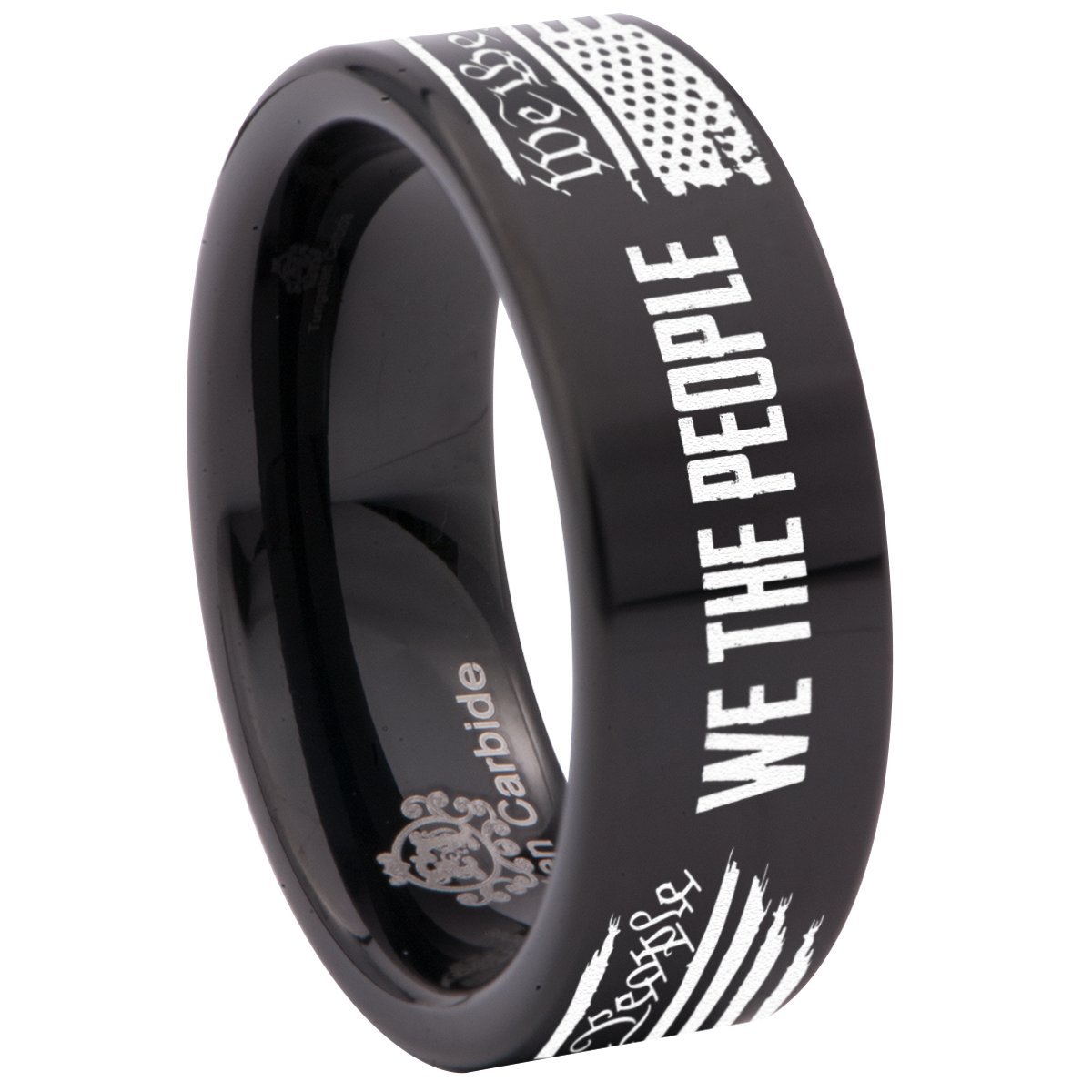 Friends of Irony Tungsten Carbide Ring - 8mm We The People Wedding Band for Men & Women - Durable & Scratch-Resistant Anniversary Ring - Perfect for Couples, Engagements, and Special Occasions