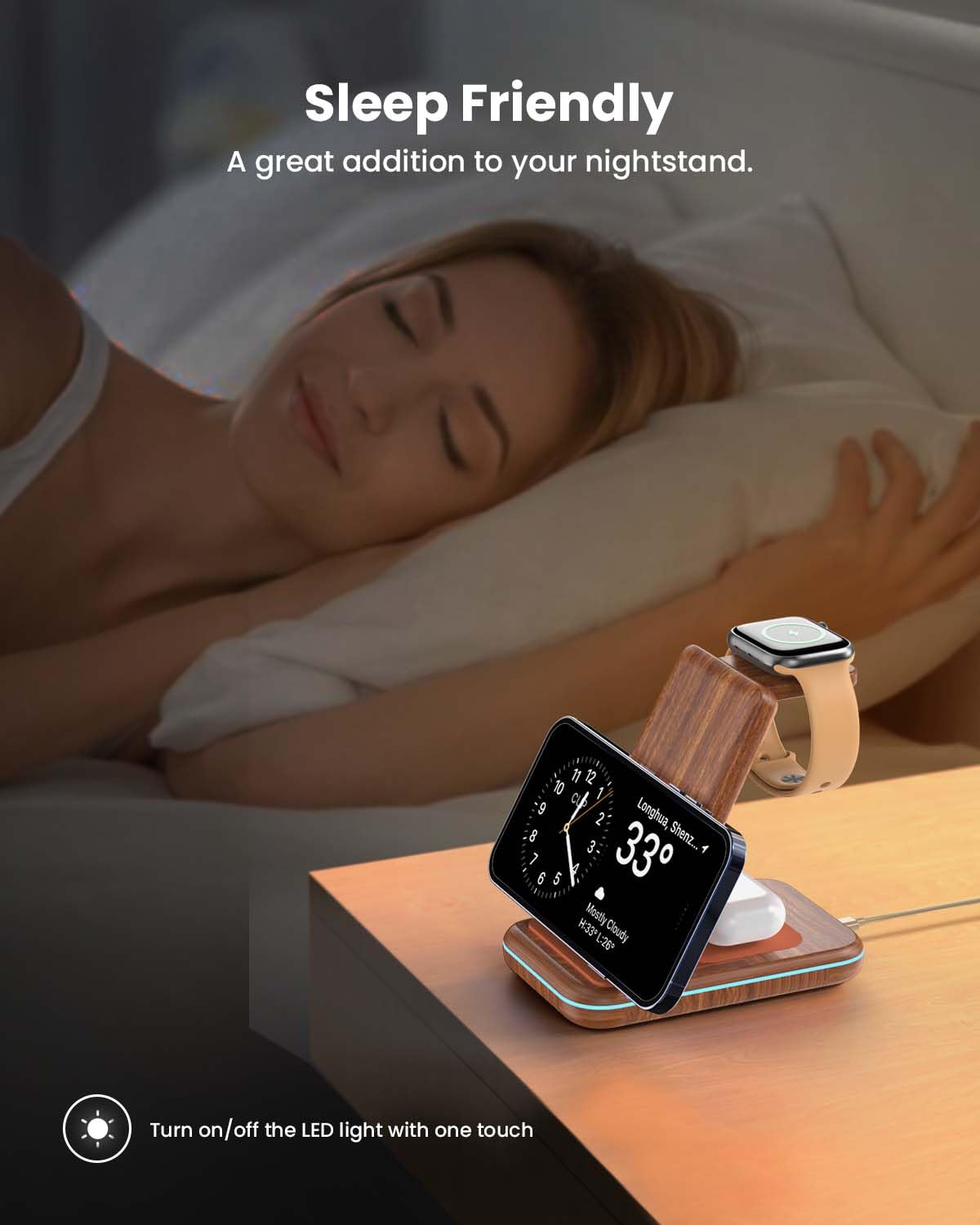 GEEKERA 3-in-1 Wireless Charging Stand for iPhone 16/15/14/13/12/11 Pro Max/X/8, Apple Watch Ultra/SE/8/7/6/5/4/3/2 & AirPods Pro/3 - Fast Qi-Certified Charger Dock Station for Bedside, Office & Travel