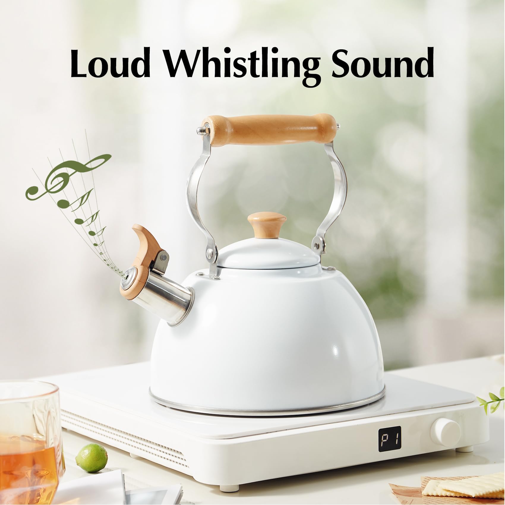 Premium Stainless Steel Whistling Tea Kettle - 2.7 Quart Stovetop Teapot with Cool-Touch Ergonomic Handle & Food-Grade Construction (White) - Perfect for Home, Office, Camping & Tea Ceremonies