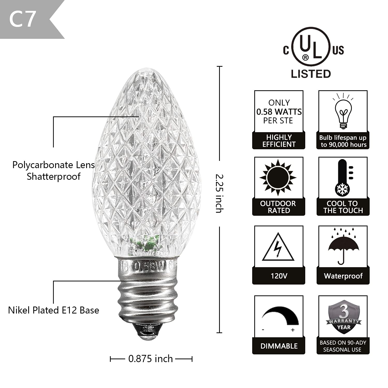 25 Pack C7 Christmas Lights Replacement Bulbs - 120V UL Certified Dimmable Cool White LED Bulbs for E12 Base | Perfect for Christmas Tree Lights, Indoor & Outdoor Holiday Decorations