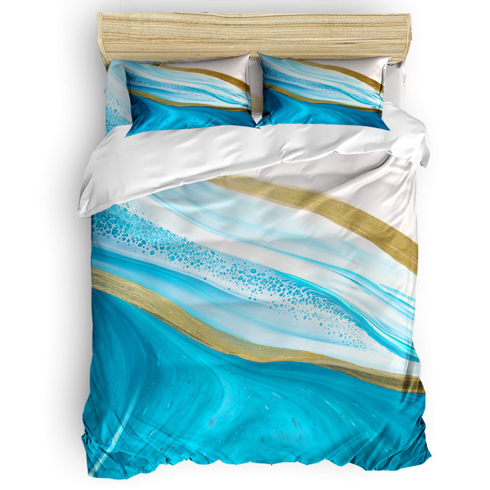 Watercolor Duvet Cover Set - 4 Piece Microfiber Bedding Set with Corner Ties, 2 Pillowcases & Fitted Sheet for Twin Size Bed - Marble Pattern Blue Gradient Textured Design for Kids, Teens & Guest Rooms