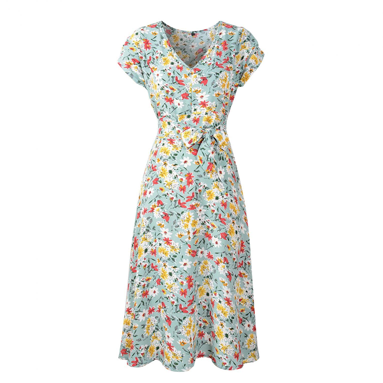 Women's Floral Boho Summer Dress - Chiffon V-Neck Short Sleeve Flowy A-Line Beach Dress for Cottagecore Style | Perfect for Beach Vacations, Garden Parties & Summer Outings