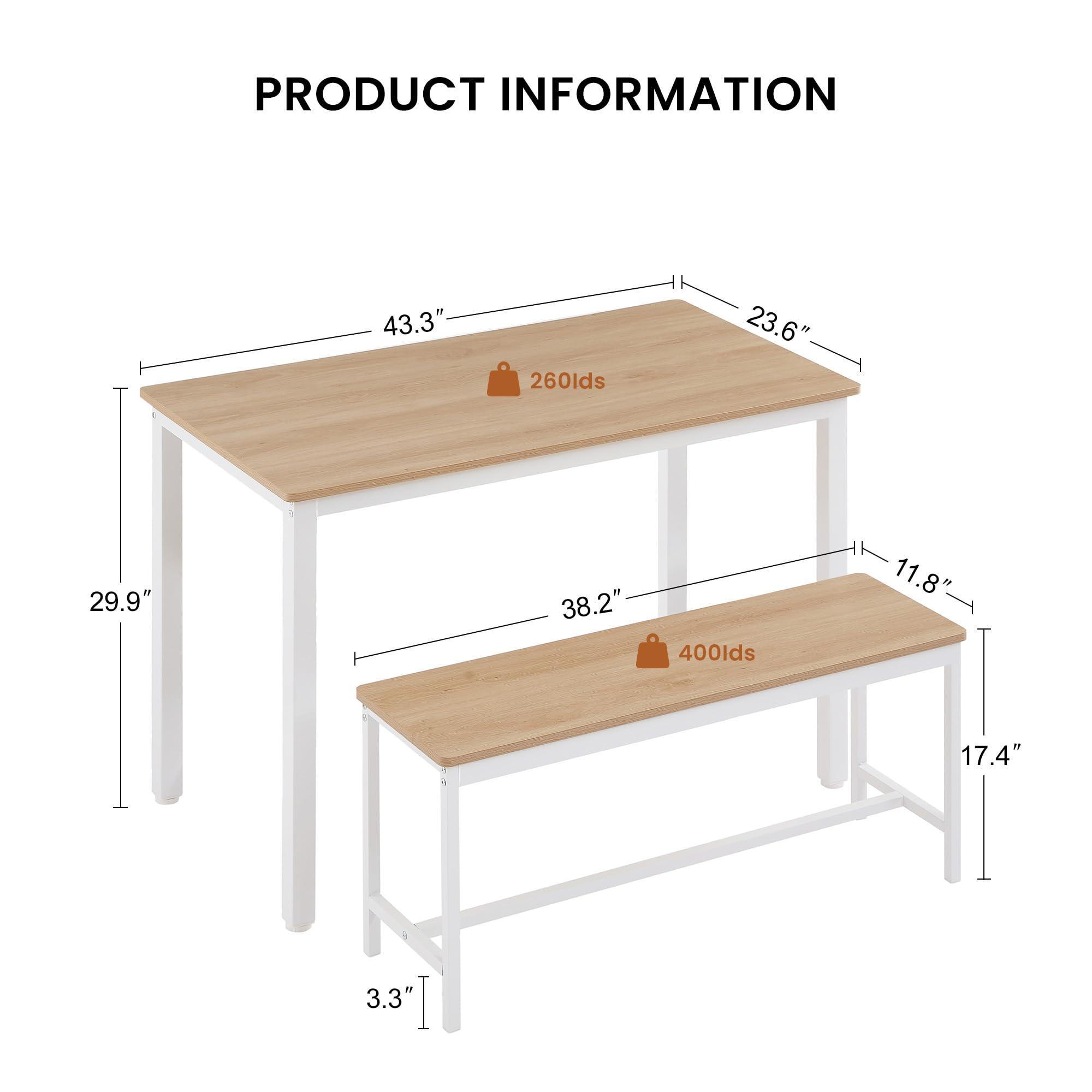 Modern 3-Piece Dining Room Set with Bench - Rectangular Table & Chairs for 4, Metal & Wood Design (Wood Top/White Legs) - Perfect for Small Spaces, Apartments & Cozy Kitchens