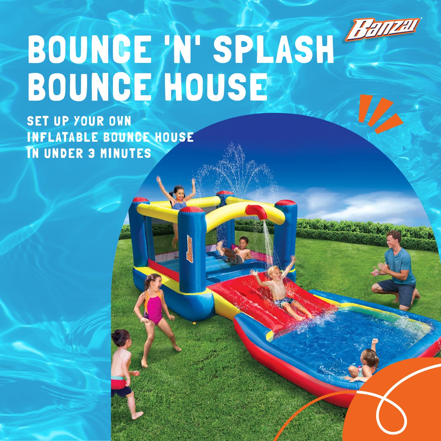Banzai Bounce 'N' Splash Inflatable Water Slide Park - Heavy Duty Outdoor Bounce House with Slide & Splash Pool for Kids Ages 5-12 - Multicolor - Perfect for Backyard Parties, Summer Fun, and Family Gatherings