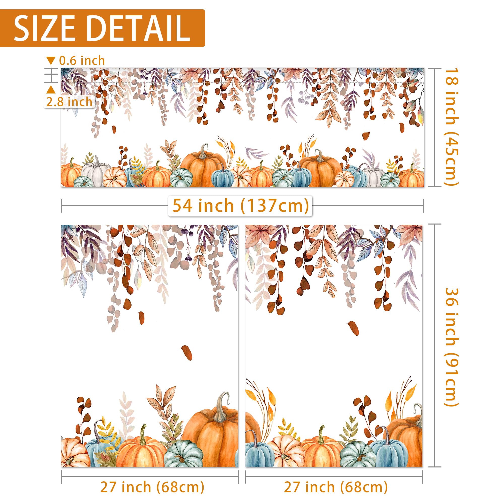 Fall Kitchen Curtains Set of 3 - Autumn Leaf & Pumpkin Design Window Valances with Rod Pocket, 54x36 Inch Seasonal Home Decor for Living Room, Bedroom & Kitchen - Perfect for Thanksgiving & Cozy Fall Atmosphere