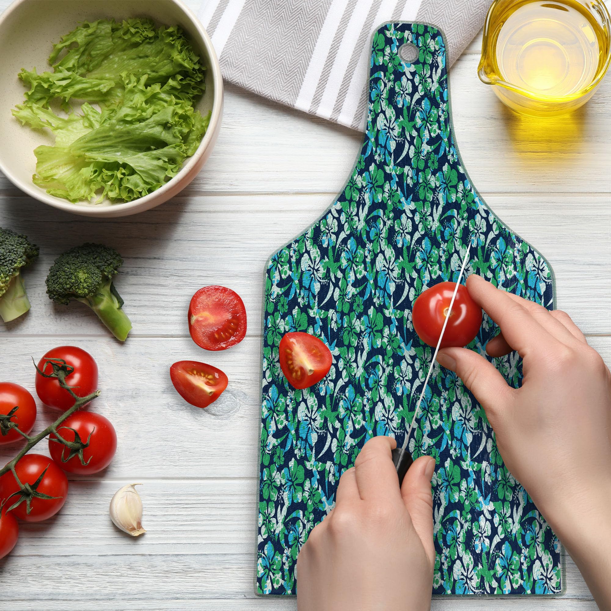 Ambesonne Navy Blue Tempered Glass Cutting Board - Hibiscus Flower & Palm Tree Summer Vacation Design - Decorative Serving Board for Kitchen, Cheese, Charcuterie - Wine Bottle Shape in Navy Blue, Green & White - Perfect for Beach House, Tropical Party & Gift Giving