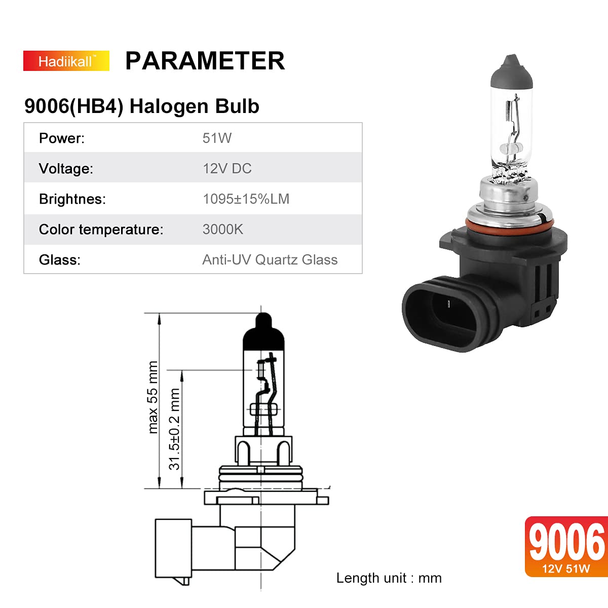 9006 HB4 Halogen Headlight Bulbs - 2 Pack Low Beam & Fog Light Replacement - 12V 51W High Performance Bulbs with 150% Brighter Light - Perfect for Cars, Trucks & SUVs - Ideal for Night Driving & Foggy Conditions