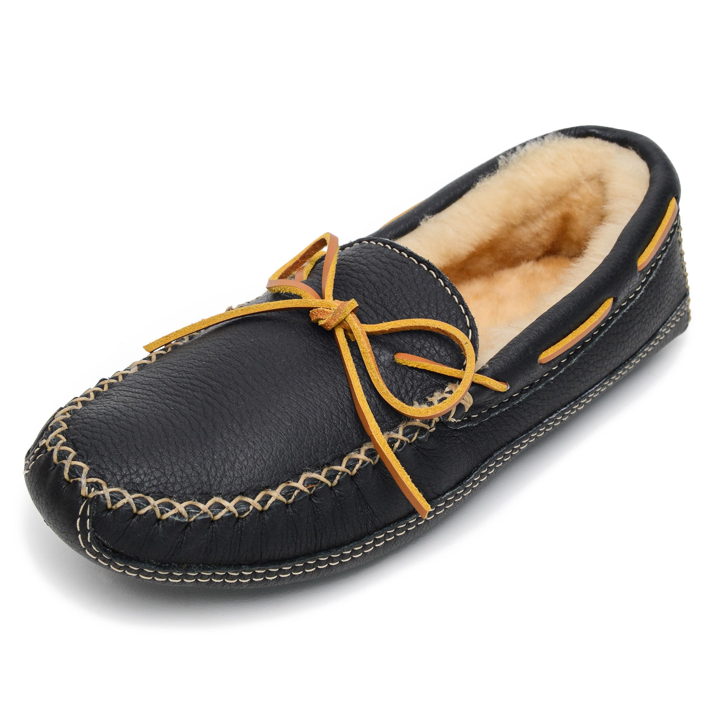 Minnetonka Men's Sheepskin Moose Slippers - Cozy Winter Indoor/Outdoor House Shoes for Comfort & Warmth - Perfect for Lounging, Camping & Cold Weather Wear