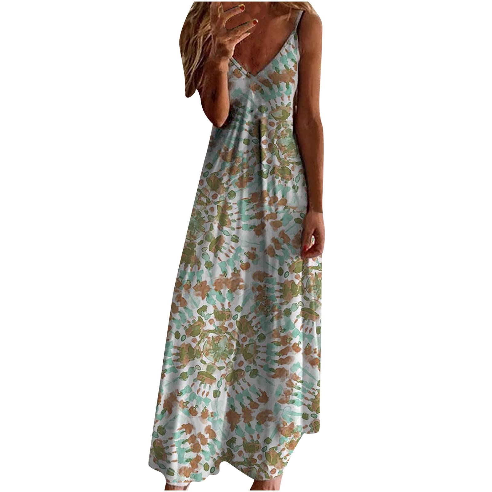 Anuyalue Women's Summer Dresses 2023 - Casual Sleeveless Spaghetti Strap Maxi Dress, Boho Floral Beach Dress with Sexy V-Neck | Perfect for Vacation, Pool Party & Date Night