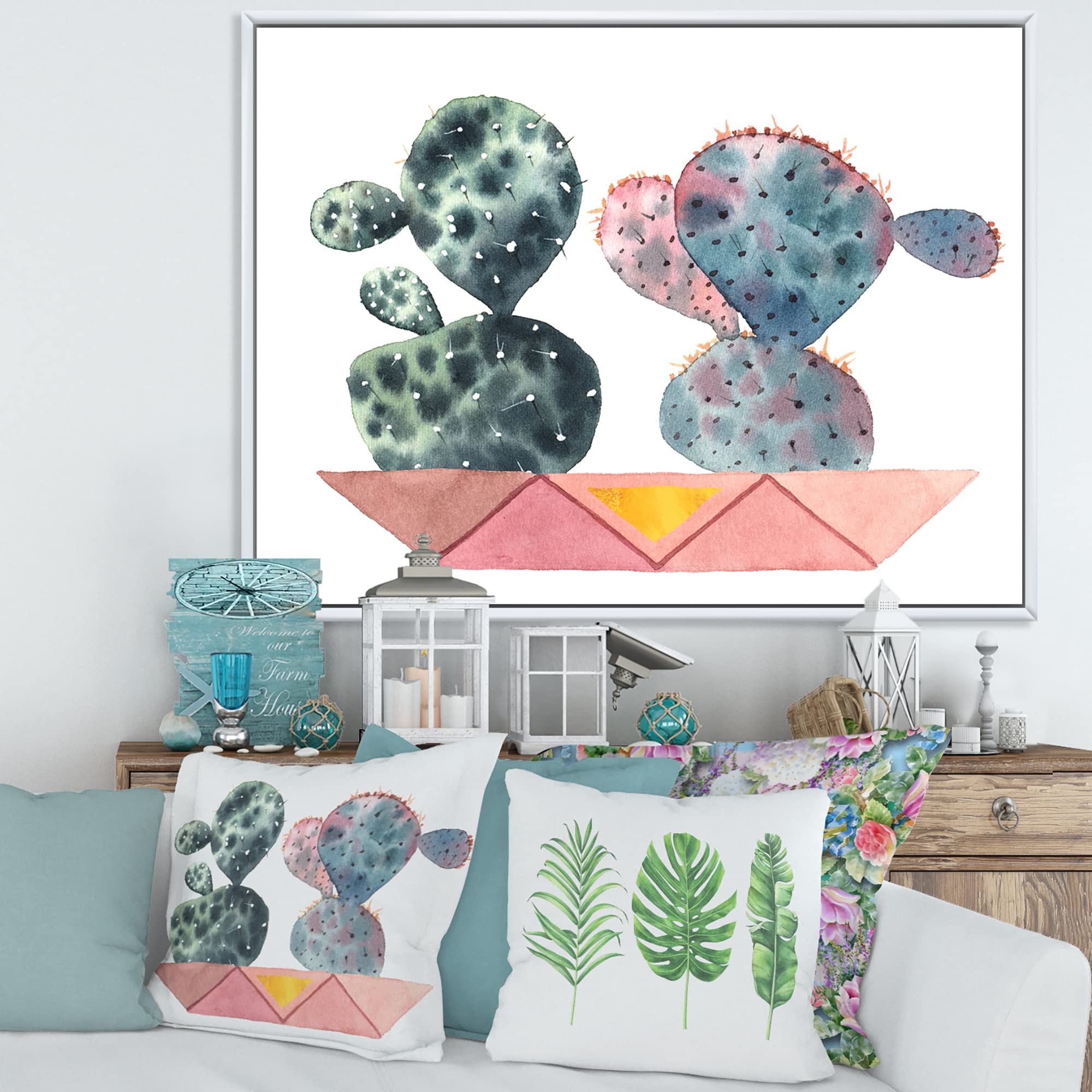 DesignQ Cactus Duo in Pink Geometric Pots - Modern Framed Canvas Wall Art Print for Home & Office Decor | Living Room, Bedroom, Bathroom Wall Decor