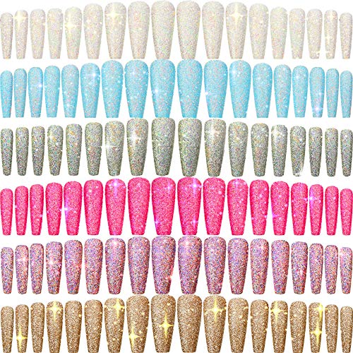 288 Pieces 12 Sets Extra Long Ballerina Press on Nails - Coffin False Nails with Gradient Glitter Design - DIY Full Cover Acrylic Nail Tips for Salon & Home Manicure - Perfect for Parties, Weddings & Special Occasions