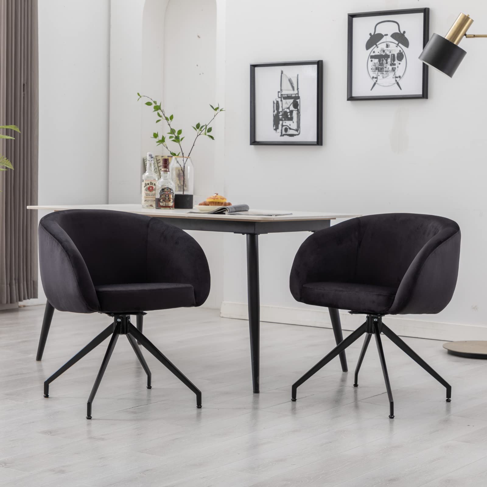 HEAH-YO Swivel Dining Chair - Velvet Barrel Back Side Chair with Solid Metal Legs, Modern Vanity Armchair for Dining Room, Bedroom, Office - Black | Perfect for Small Spaces, Breakfast Nooks & Makeup Areas