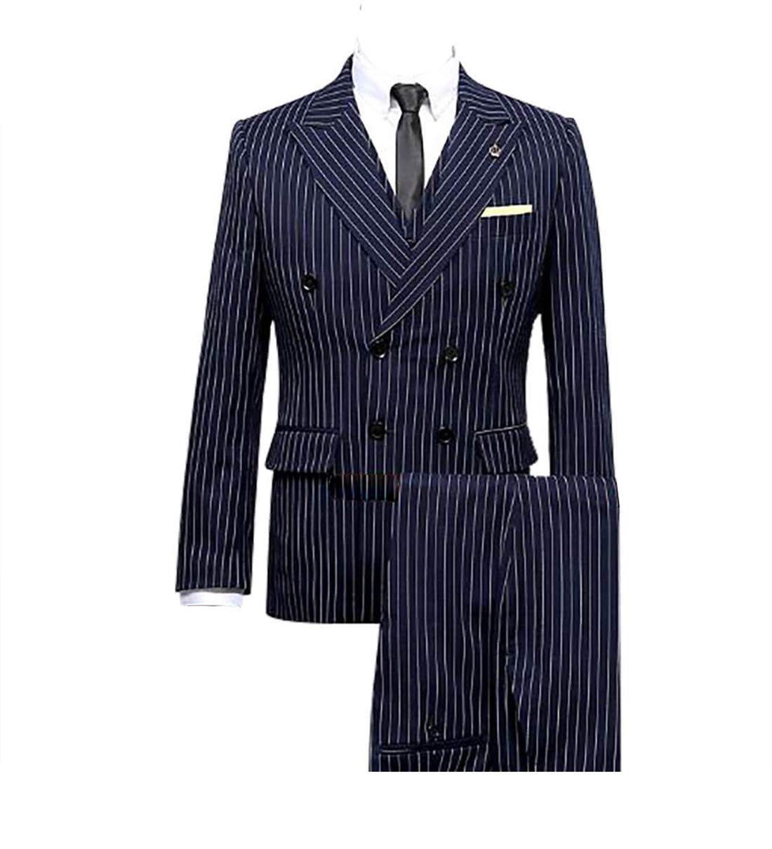 Men's 3-Piece Navy Blue Pinstripe Suit Set - Slim Fit Double Breasted Blazer, Waistcoat & Dress Pants (6 Buttons) | Formal Business Attire, Wedding, Office & Special Occasions