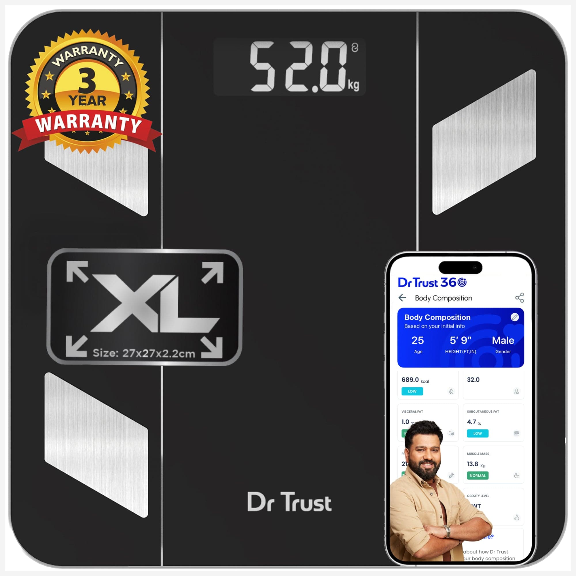 Dr Trust USA Hercules Smart Body Fat Analyzer & Composition Scale 525 - Digital BMI Weighing Machine with Body Weight, Age & Bone Mass Measurement - Syncs with Fitness Apps for Weight Loss Tracking - Perfect for Home Gym & Health Monitoring