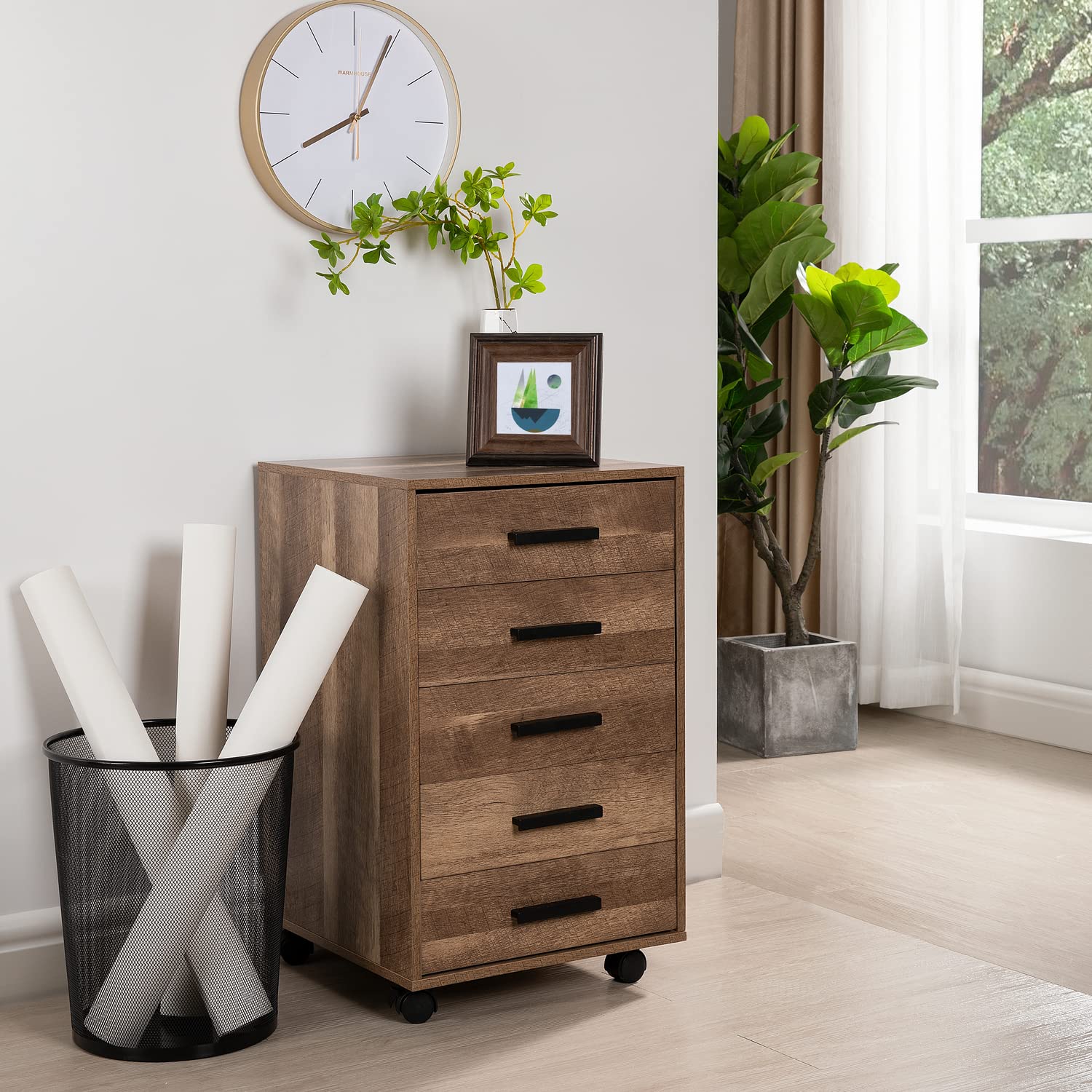 Naomi Home 5-Drawer Rolling Under Desk Storage Cabinet with Shelf & Wheels - Walnut Wood Desk Organizer for Office, Home, or Dorm Room - Perfect for Files, Supplies & Stationery Storage