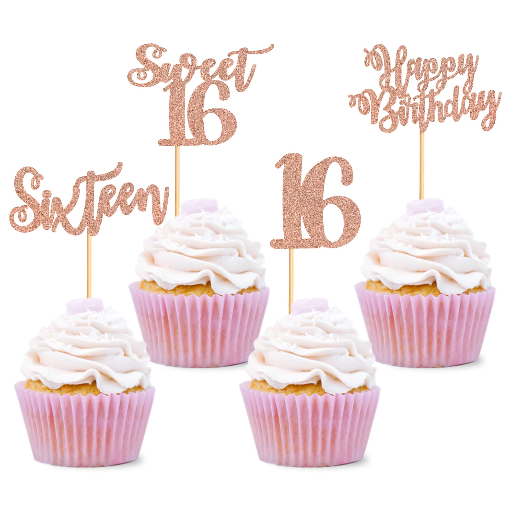 Blumomon Rose Gold Glitter 16th Birthday Cupcake Toppers - Set of 24 Happy Sweet Sixteen Cake Decorations for 16th Birthday Party Supplies | Perfect for Teen Girl Celebrations, Sweet 16 Theme Parties & Milestone Birthday Cakes
