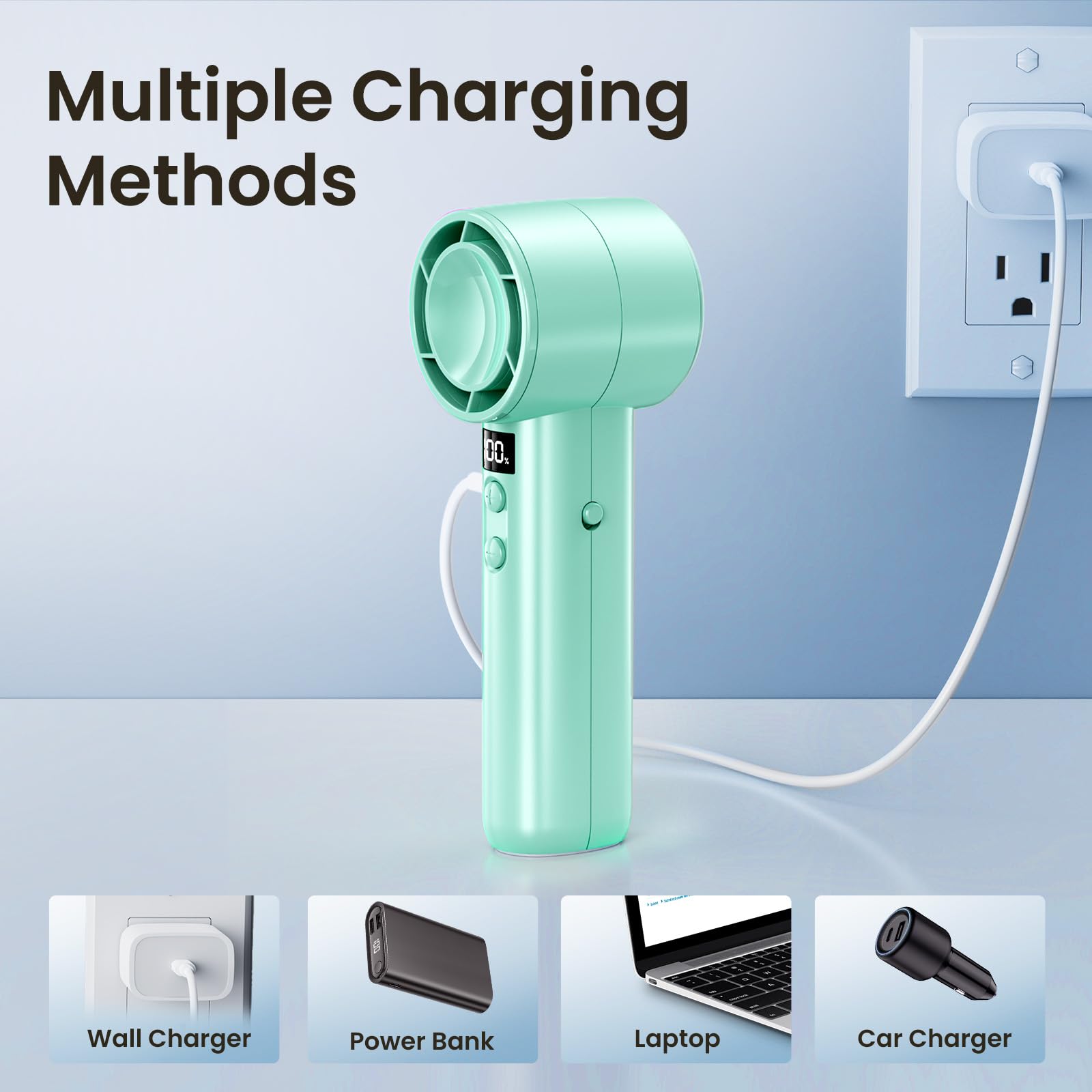 Rechargeable Cordless Desk Fan - USB Powered Battery Operated Fan with 70ft Strong Airflow, Ultra Quiet Personal Fan with LED Light & 360° Rotation - Perfect for Bedroom, Home Office, Outdoor Camping & Travel (Green)