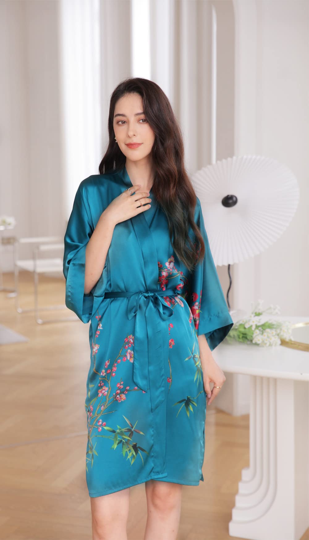 Women's 100% Pure Silk Kimono Robe - Short Sleeve Bathrobe & Loungewear Pajama Set for Spa, Bridal Shower, and Relaxation at Home