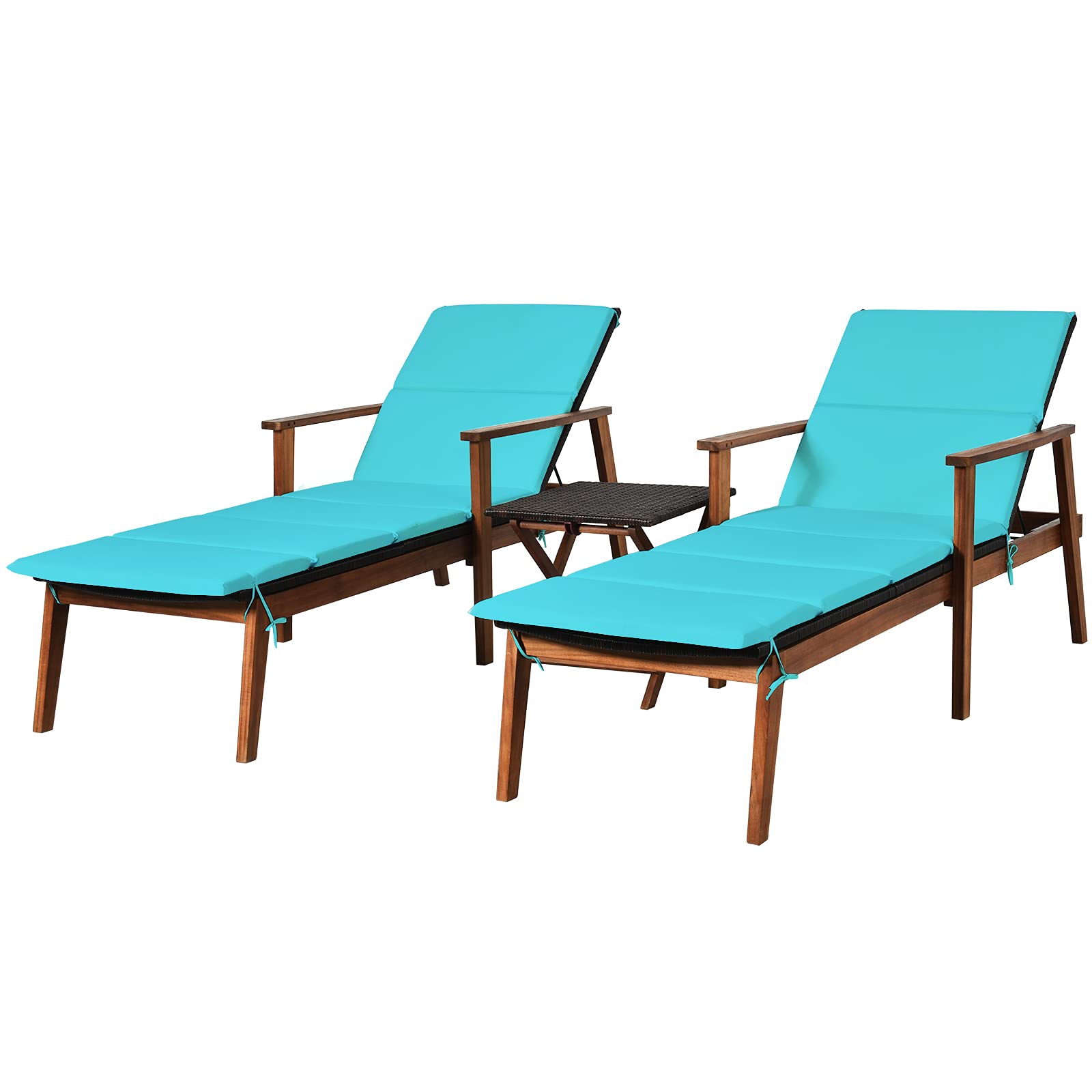 **Acacia Wood Chaise Lounge Set with Folding Coffee Table & Removable Cushions - 4 Adjustable Positions, Rattan Reclining Chair for Poolside, Garden, Beach, Patio - Turquoise Outdoor Furniture for Relaxation & Sunbathing**