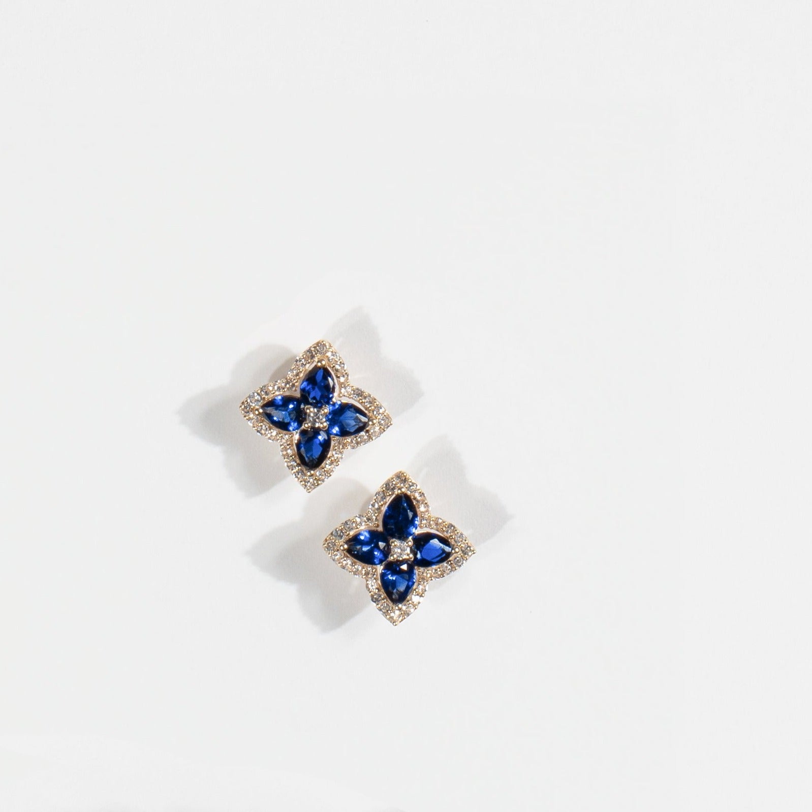 10k Yellow Gold Blue Sapphire Clover Stud Earrings with White Sapphire Halo - Elegant Irish Jewelry for Women, Perfect for St. Patrick's Day Gifts, Anniversary & Birthday Presents
