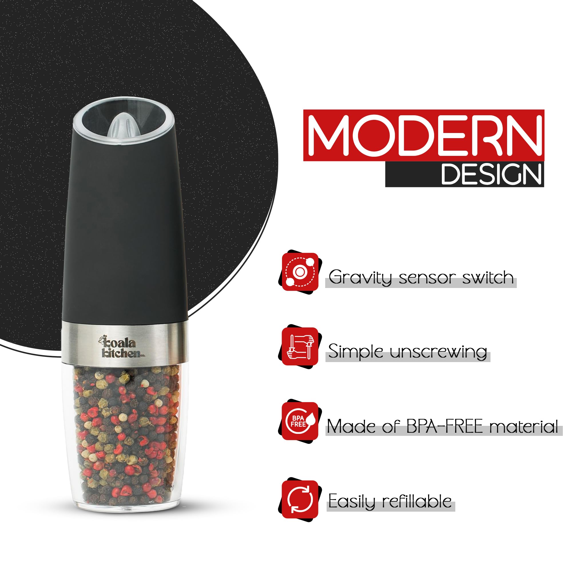 Premium Stainless Steel Electric Salt and Pepper Grinder Set - Adjustable Coarseness, Battery Operated with Blue Light - 2 Pack (Black) for Kitchen, Dining Table, Camping & Gifts