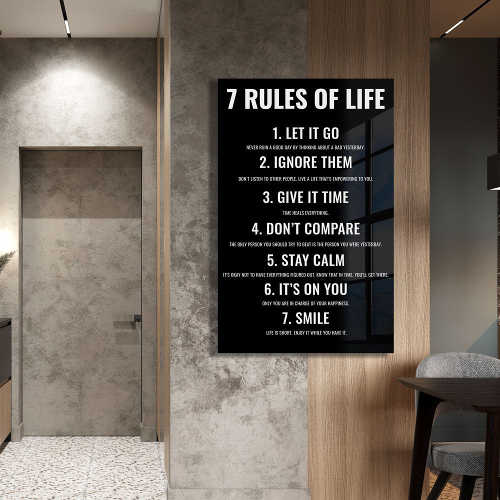 7 Rules of Life Motivational Glass Print Wall Art - Inspirational Home & Office Decor for Living Room, Bedroom, or Workspace