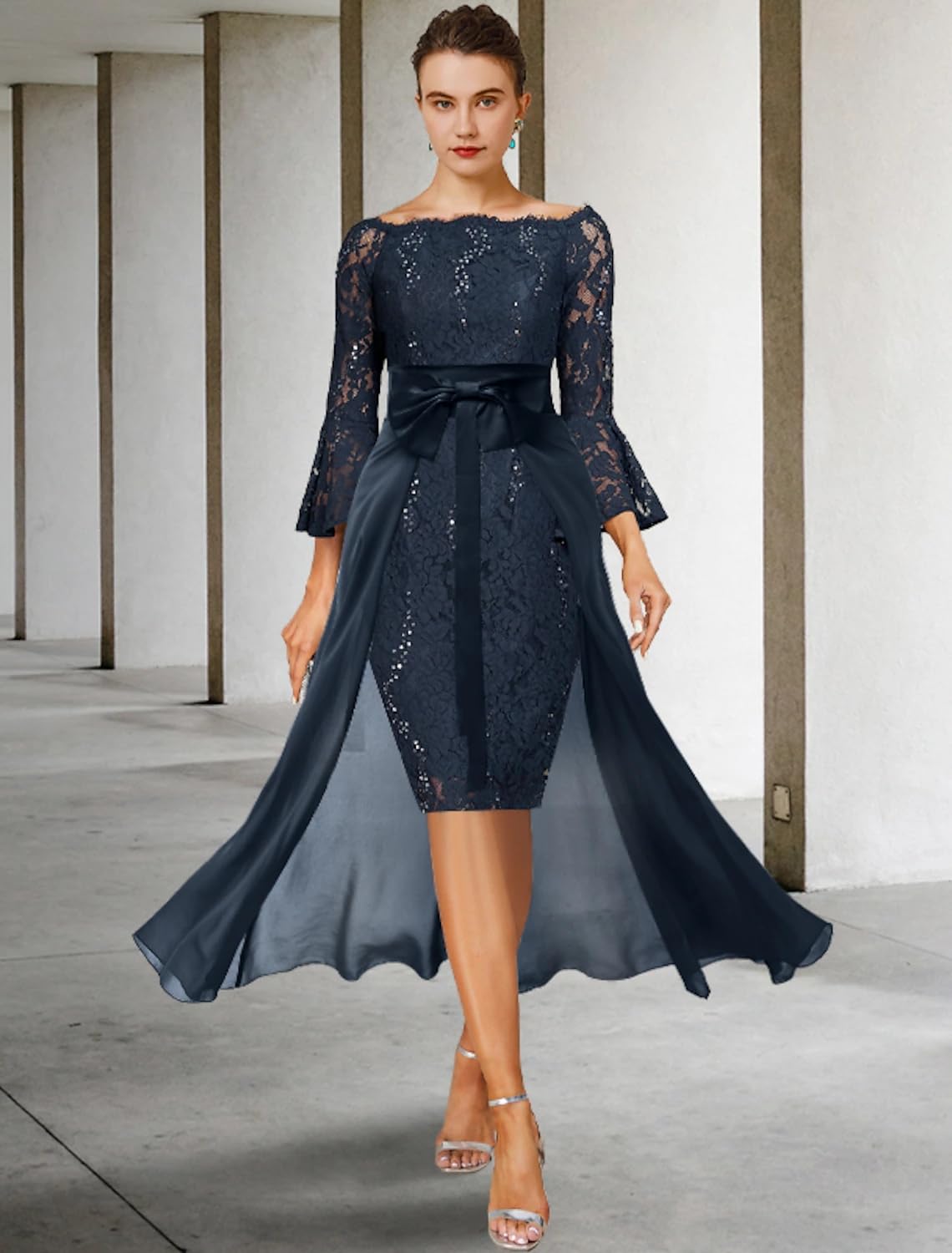 Elegant Teal Lace Wedding Guest Dress for Women - 3/4 Sleeves V-Neck Sheath Mother of The Bride Dress with Bow | Perfect for Weddings, Parties, and Formal Events | Two-Piece Overskirt Knee-Length Outfit