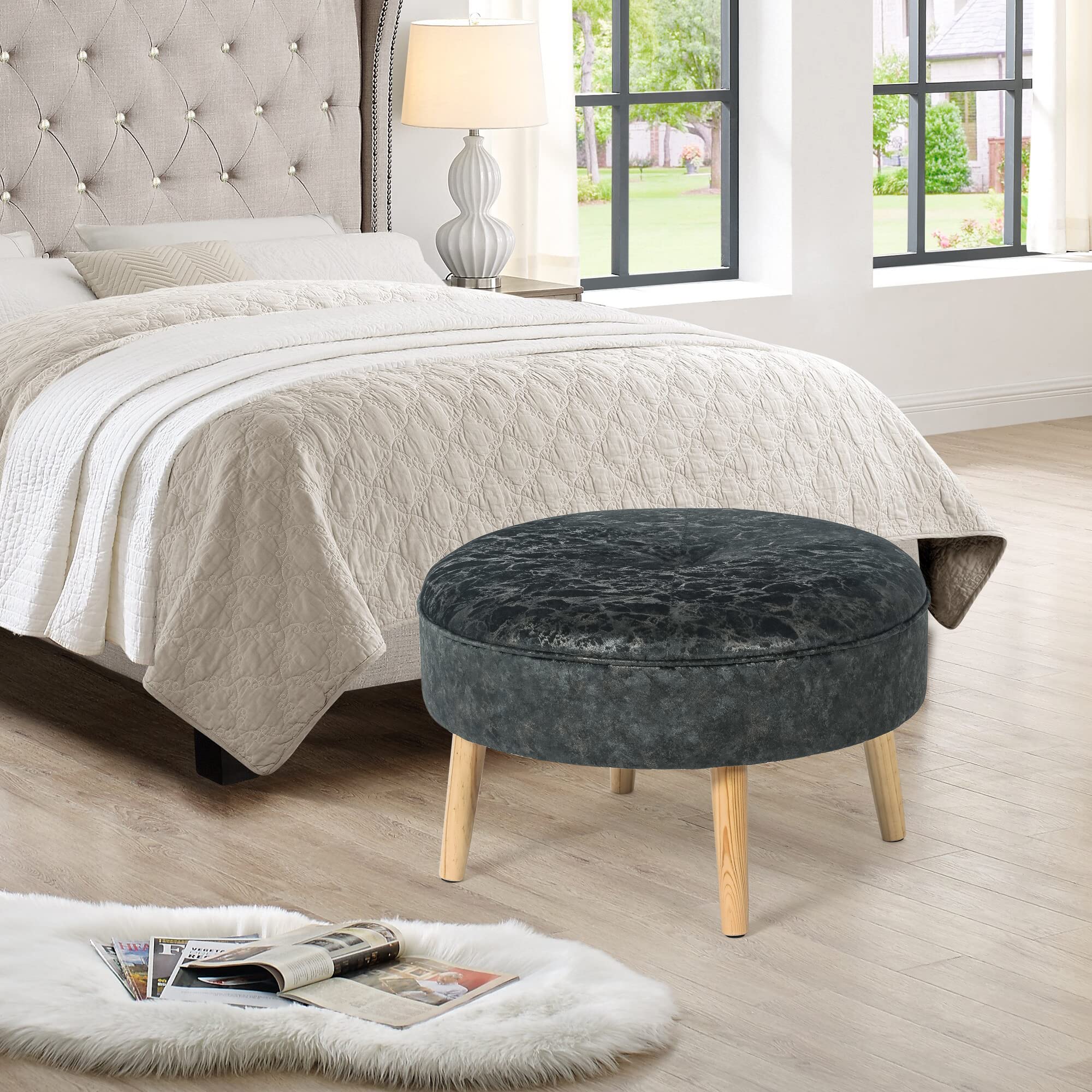 Adeco Round Small Velvet Ottoman - Button Tufted Footrest Stool with Wood Legs, Padded Seat for Living Room, Bedroom & Office - Modern Coffee Table Companion & Pet Step Stool (Grey-Gold) | Perfect for Relaxing, Reading & Home Decor