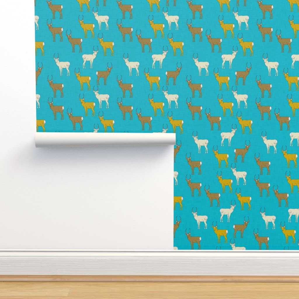Premium Commercial Grade Wallpaper - 27ft x 2ft Aqua Deer Yellow Brown Traditional Peel & Stick Wallpaper by Spoonflower | Perfect for Home Decor, Living Room, Bedroom & Office Renovation